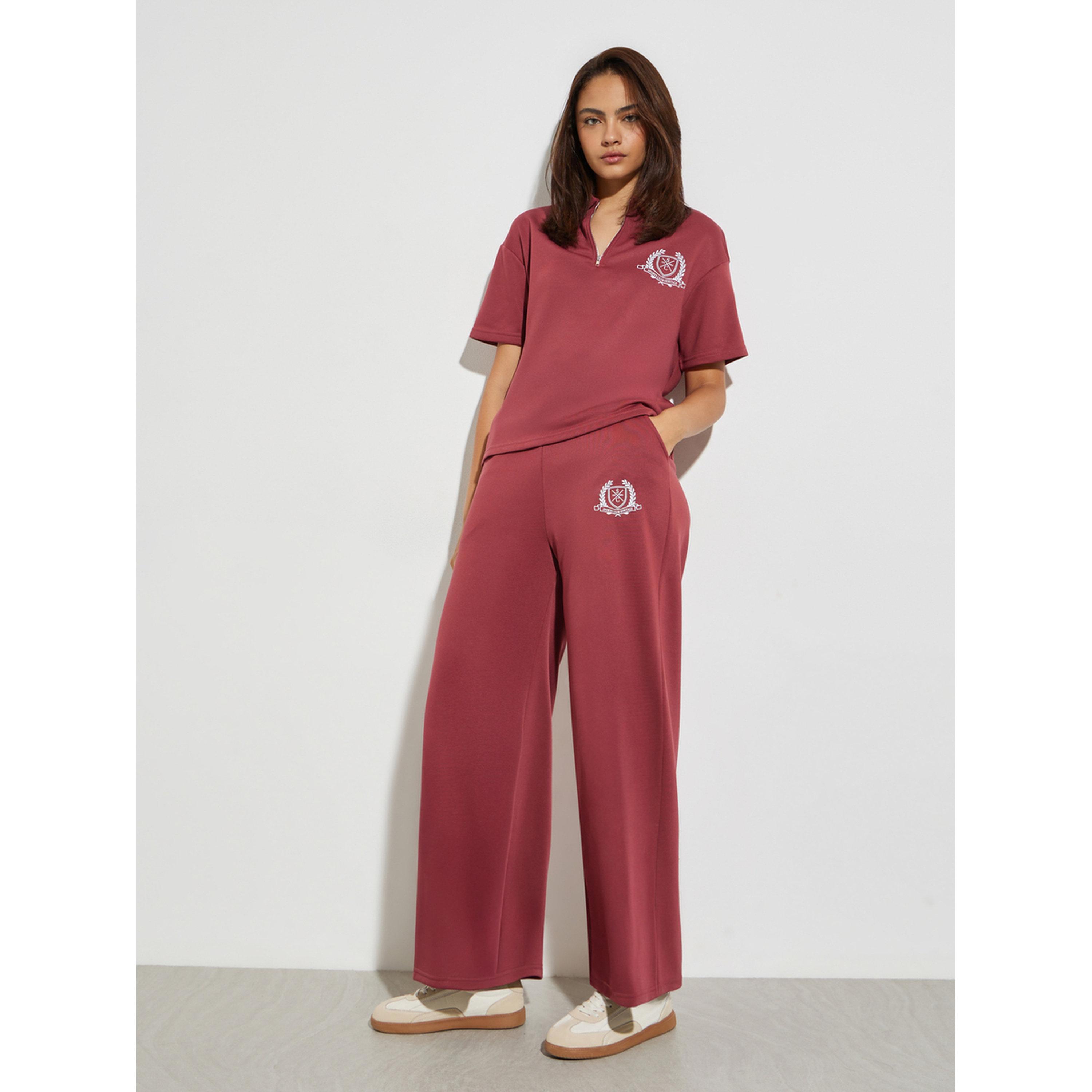 Styli Burgundy Badge Print Zip Detail Polo T-Shirt-women-clothing-tshirts-image-2