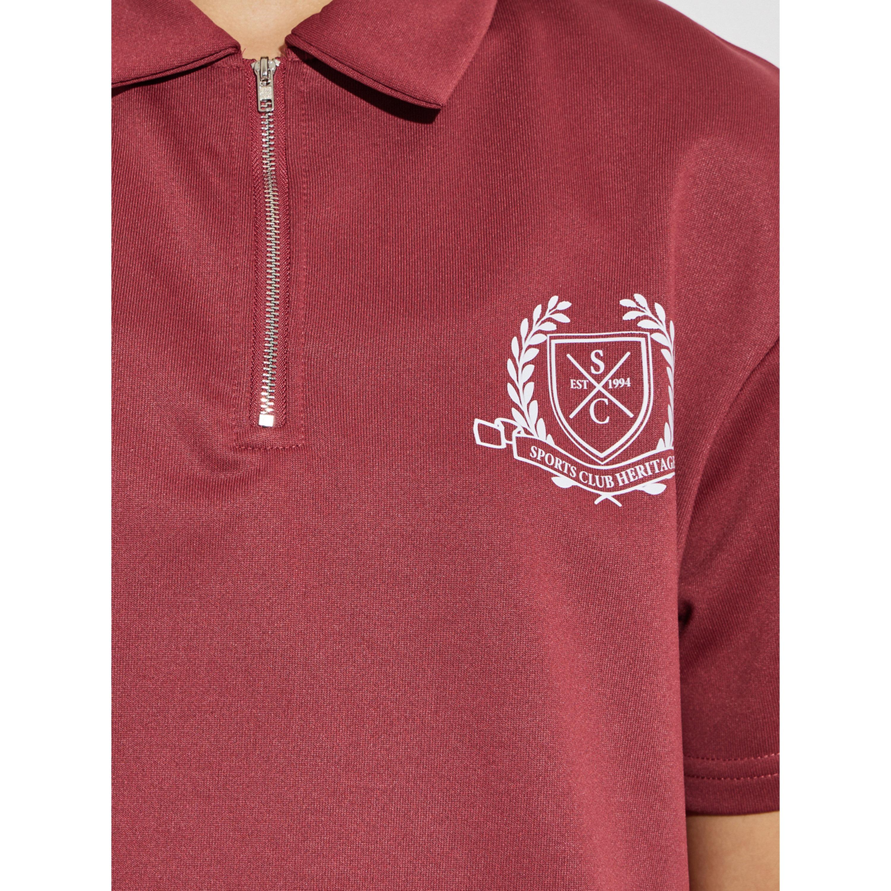 Styli Burgundy Badge Print Zip Detail Polo T-Shirt-women-clothing-tshirts-image-4