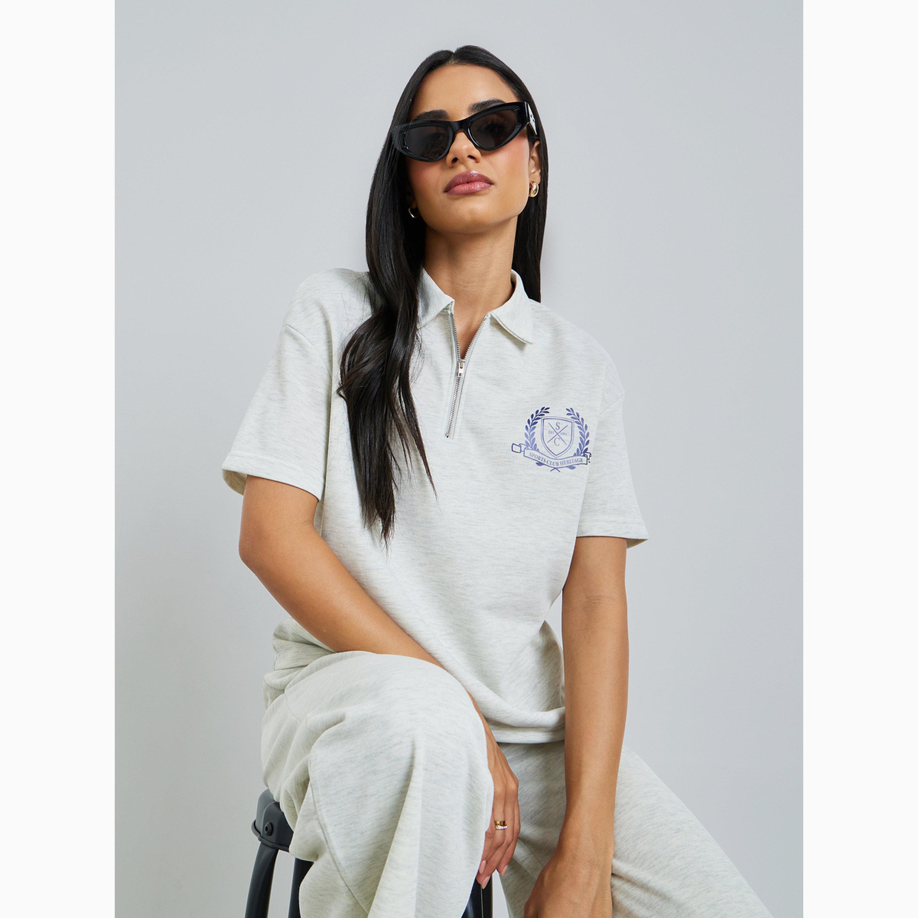 Styli Grey Badge Print Zip Detail Polo T-Shirt-women-clothing-tshirts-image-3