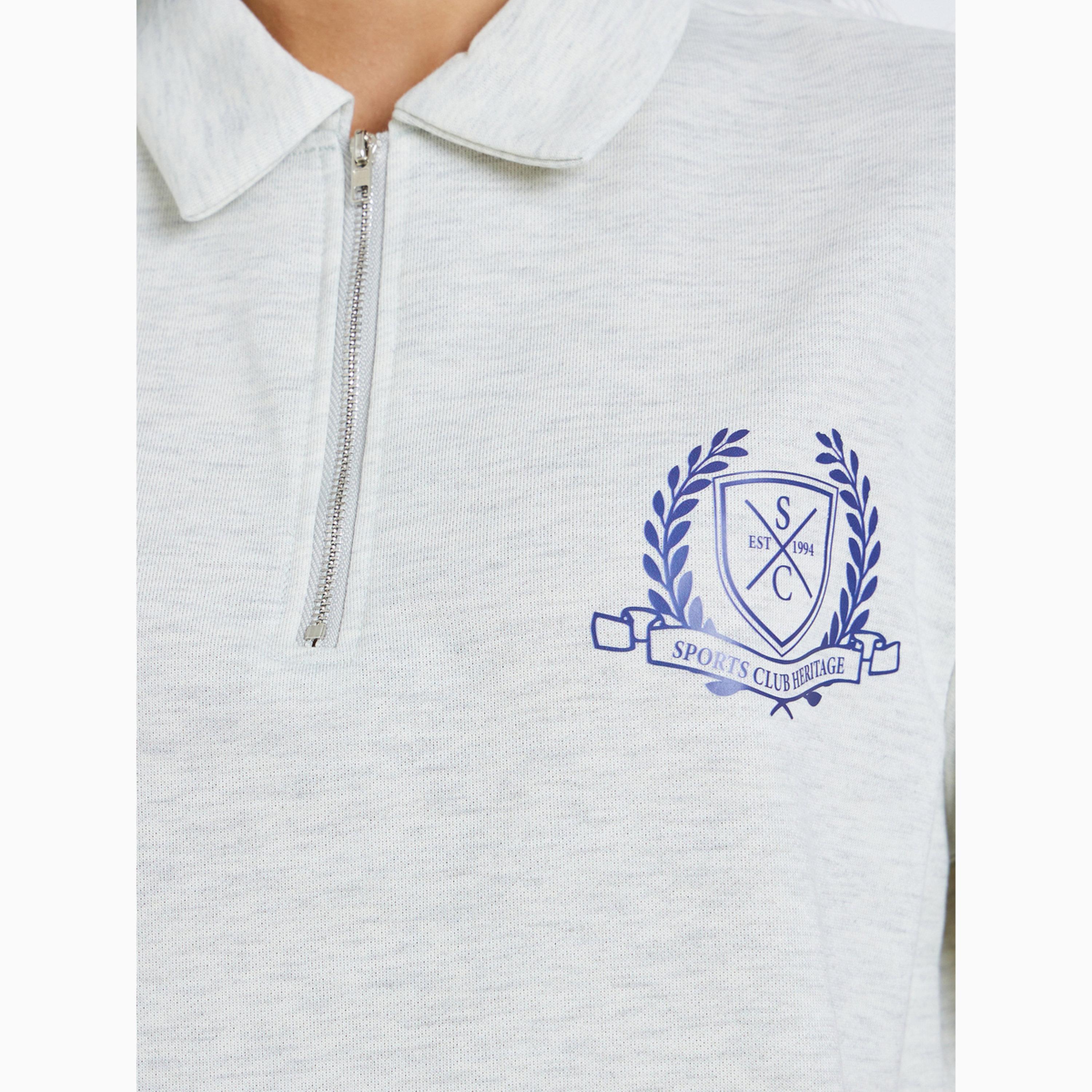Styli Grey Badge Print Zip Detail Polo T-Shirt-women-clothing-tshirts-image-4