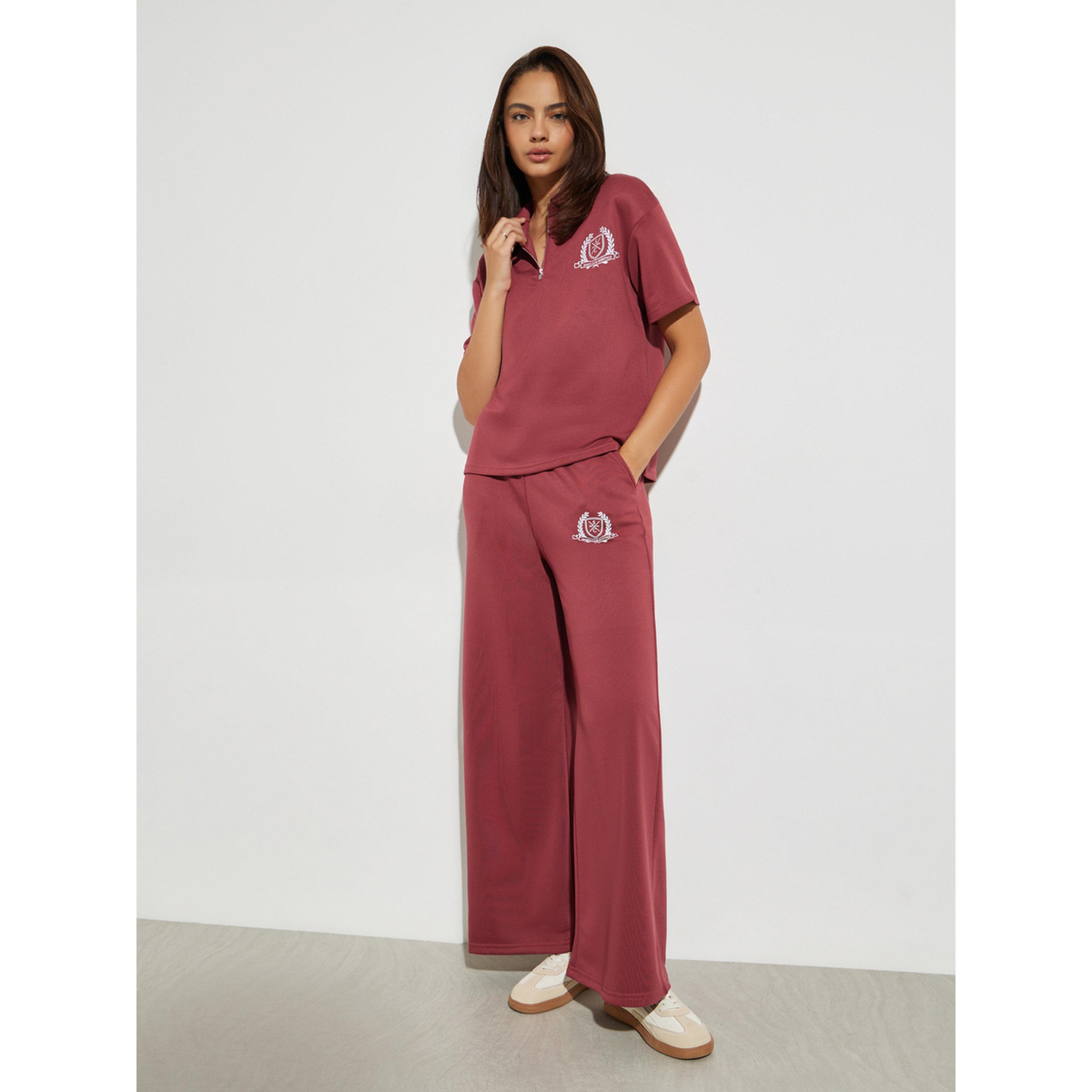Styli Burgundy Wide Leg Joggers with Side Pocket-women-clothing-bottoms-joggers-image-2