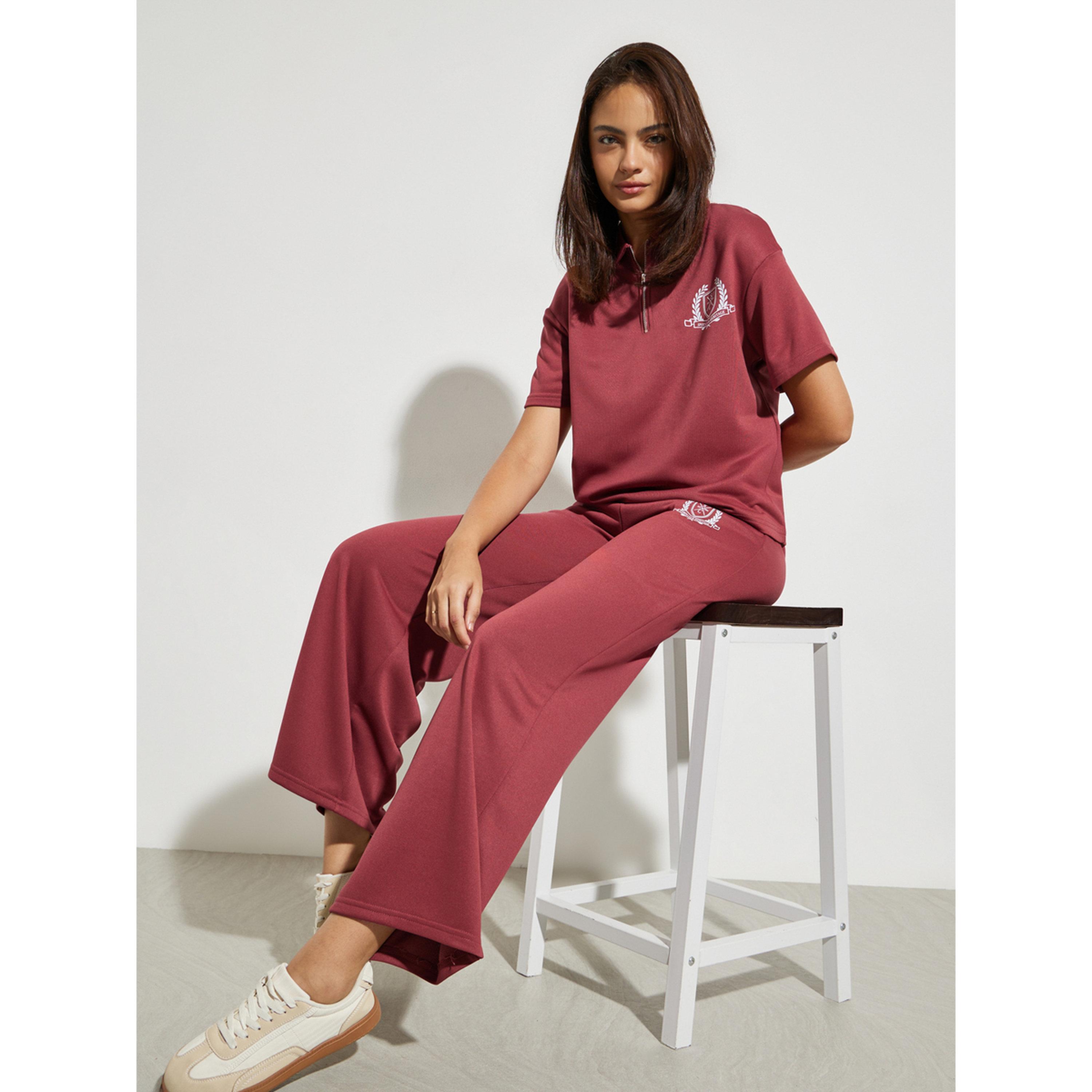 Styli Burgundy Wide Leg Joggers with Side Pocket-women-clothing-bottoms-joggers-image-3