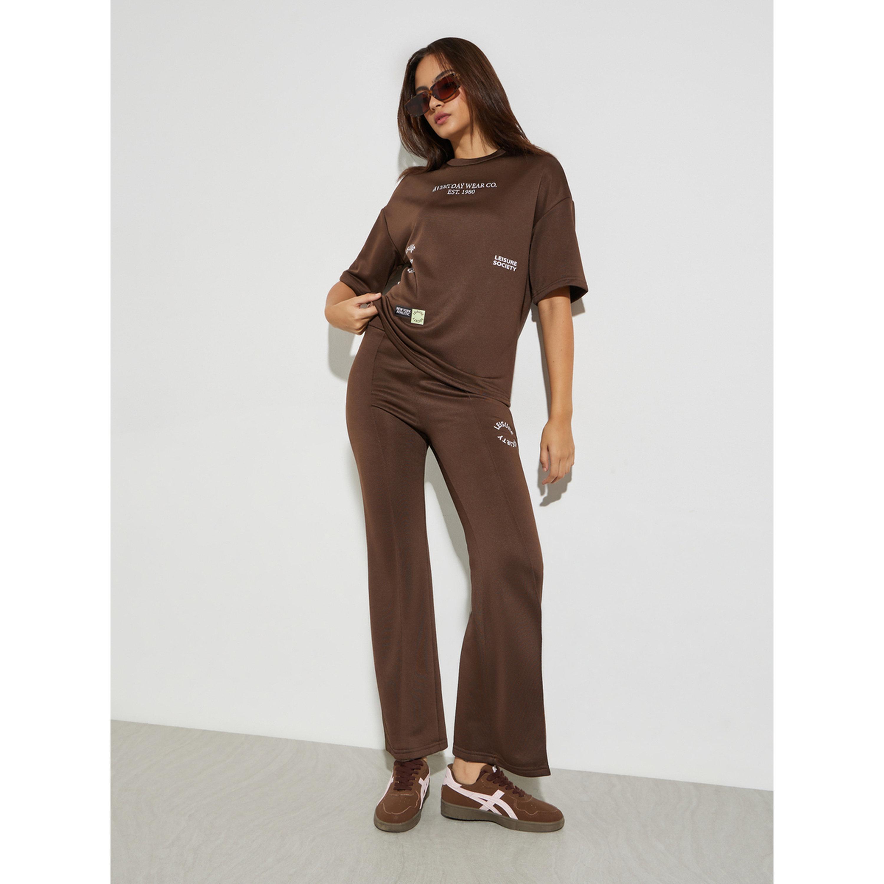 Styli Brown Oversized Placement Print Terry T-Shirt-women-clothing-tshirts-image-2
