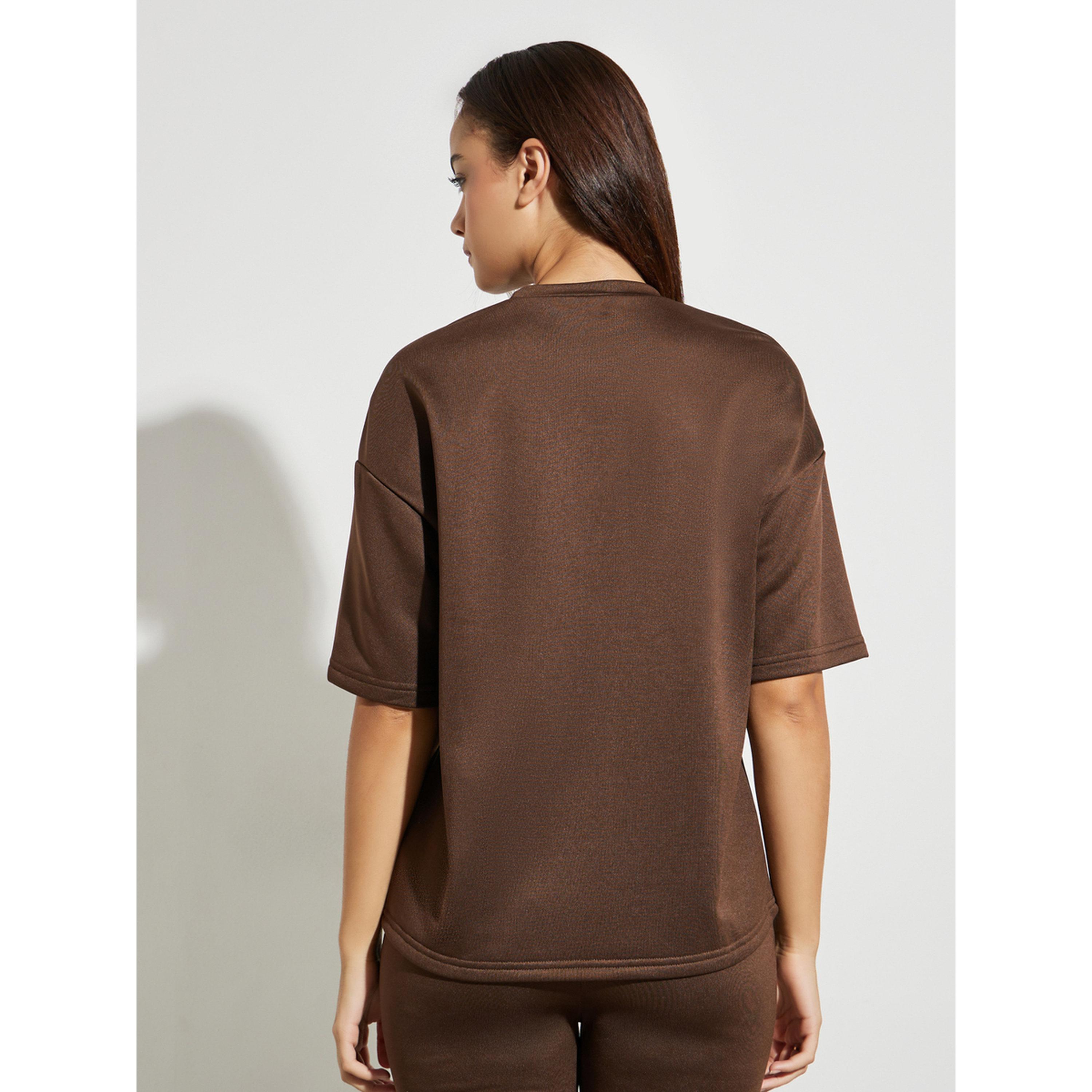 Styli Brown Oversized Placement Print Terry T-Shirt-women-clothing-tshirts-image-3