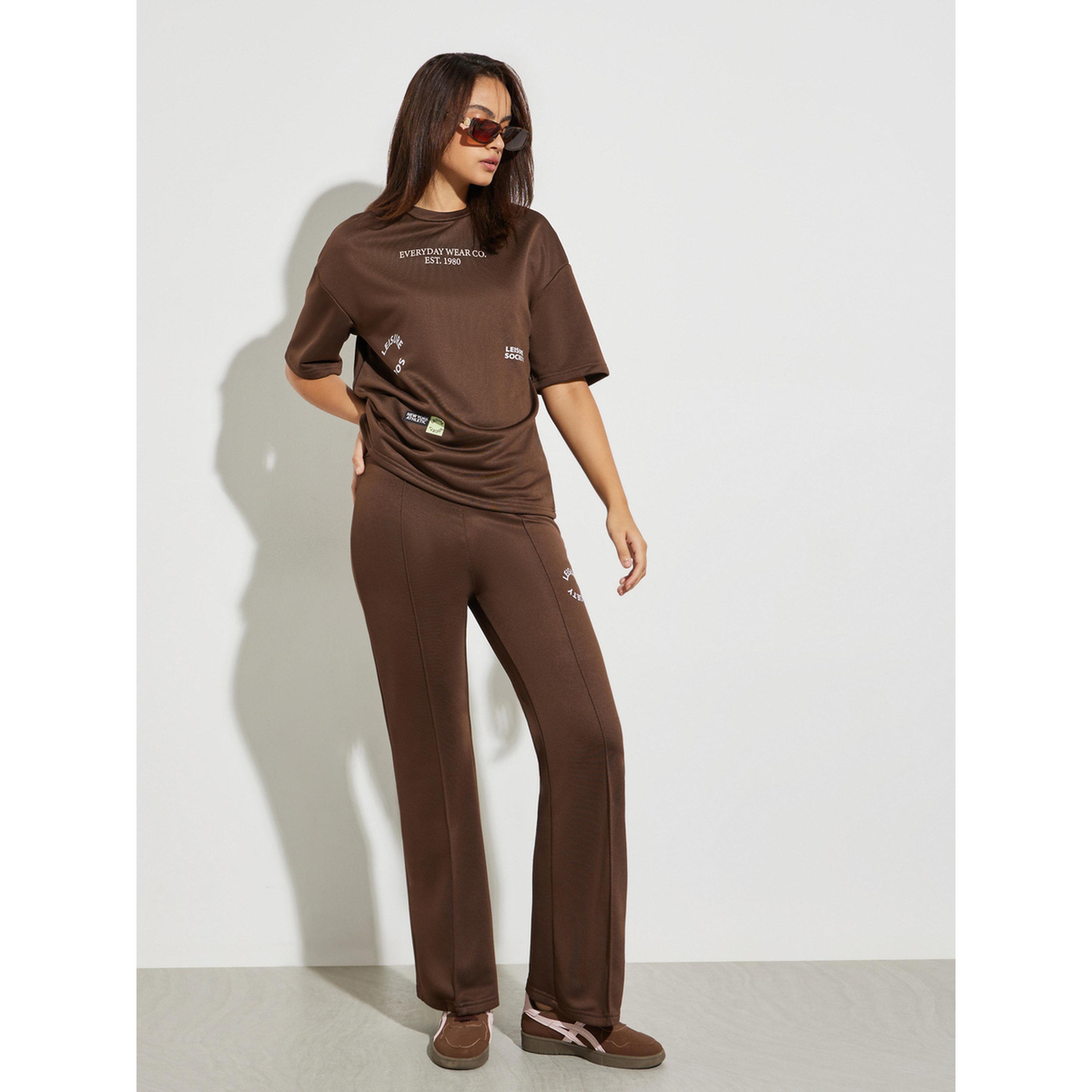 ستايلي - بنطال رياضي بني مطبوع واسع الساقين بكسرات صغيرة-women-clothing-bottoms-joggers-image-2