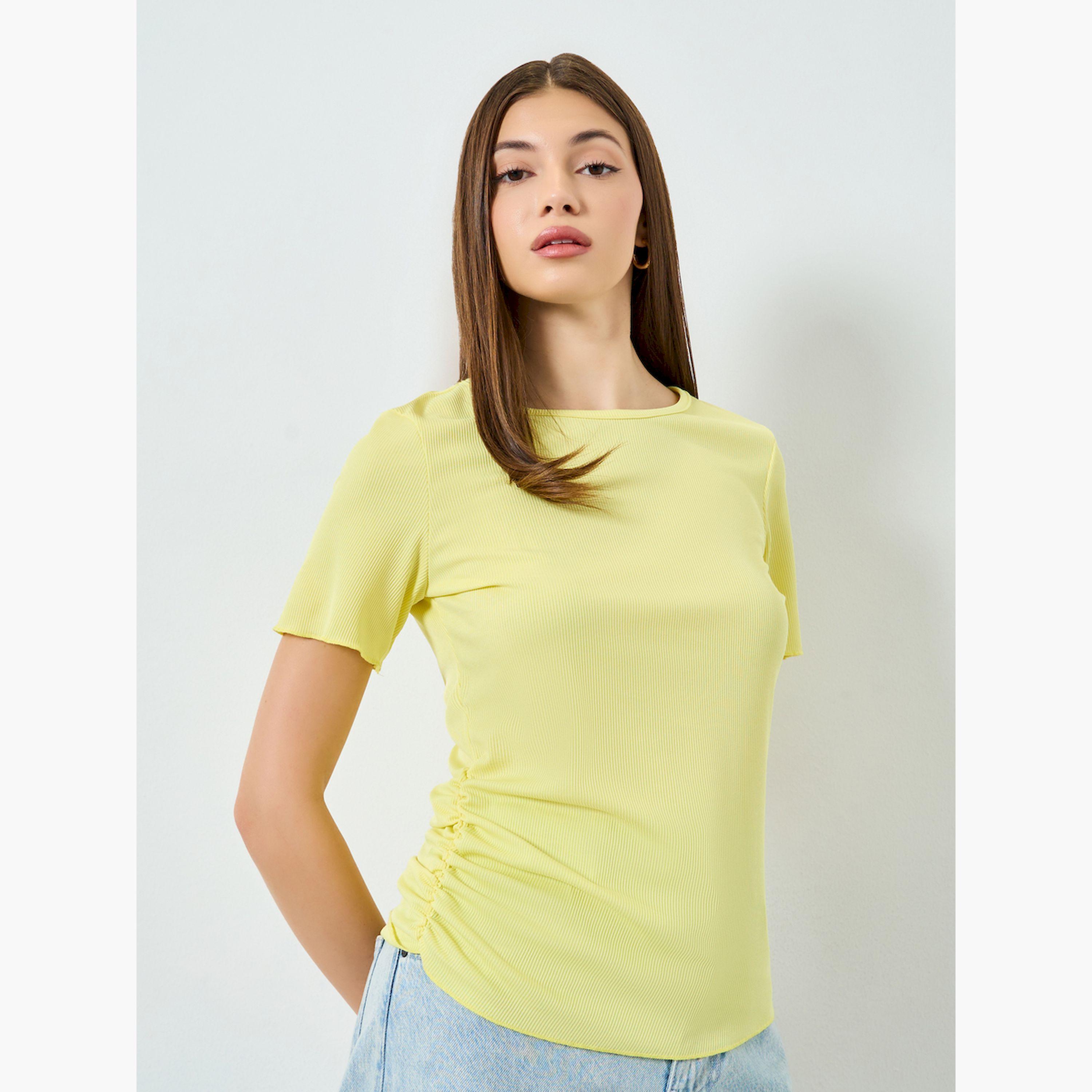 Styli Yellow Ribbed Ruched T-Shirt-women-clothing-tshirts-image-1