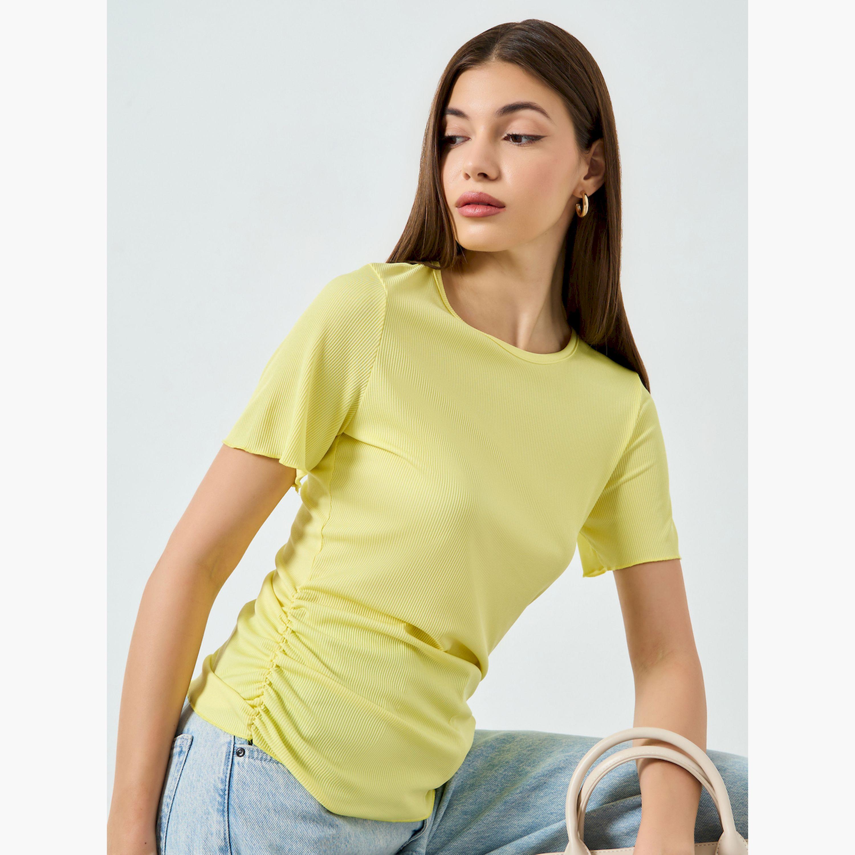 Styli Yellow Ribbed Ruched T-Shirt-women-clothing-tshirts-image-3