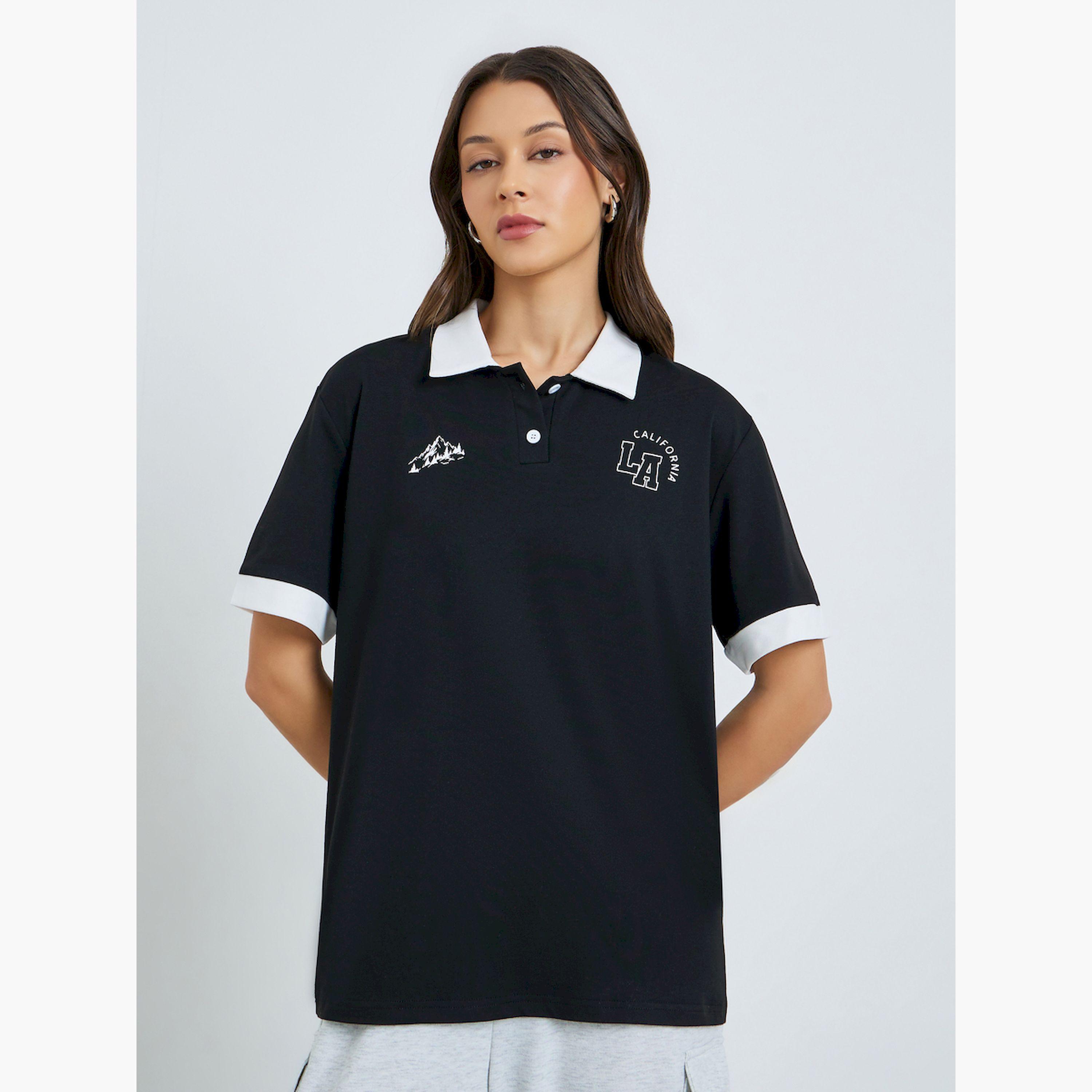 Styli Black Graphic Oversized Polo T-Shirt-women-clothing-tshirts-image-1