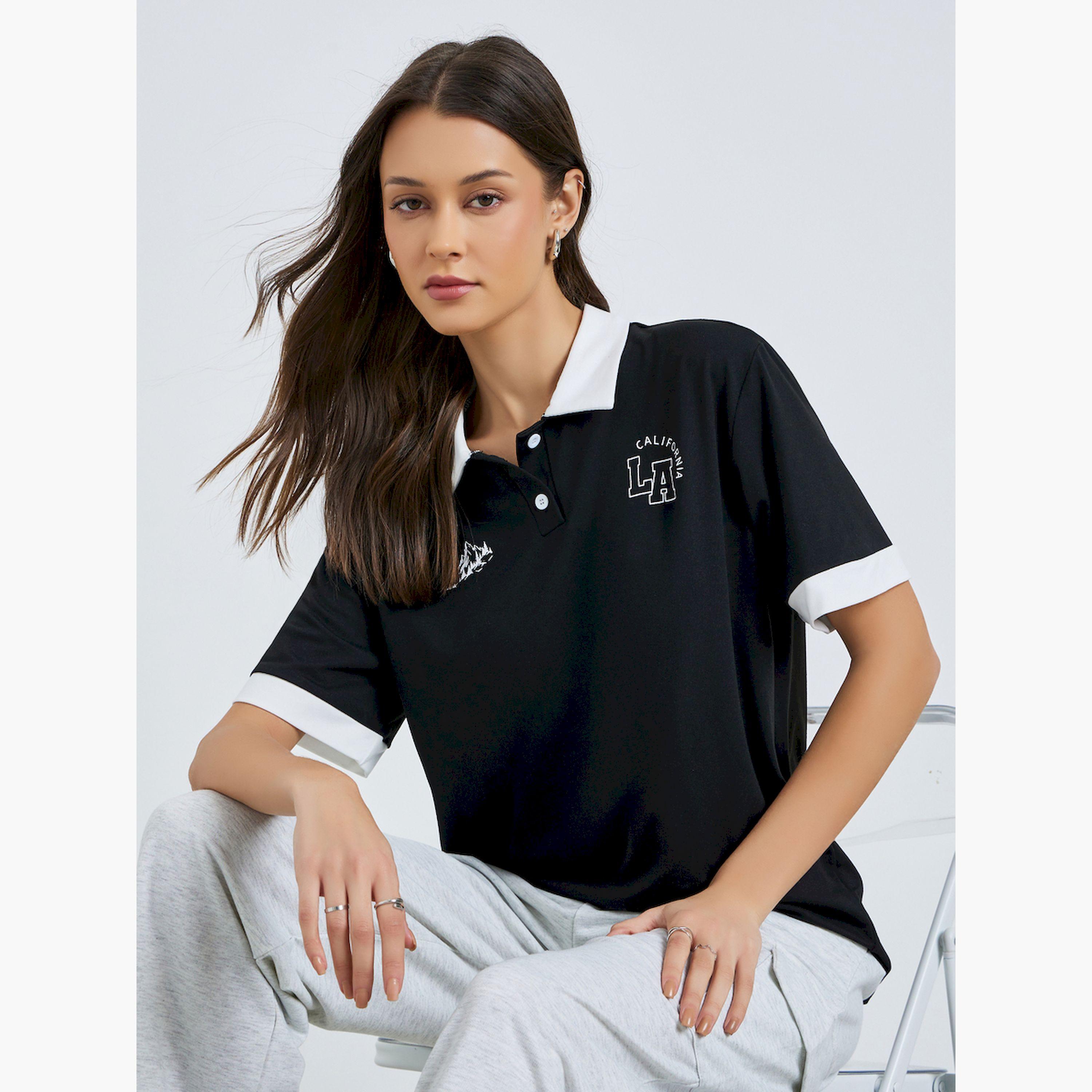 Styli Black Graphic Oversized Polo T-Shirt-women-clothing-tshirts-image-3