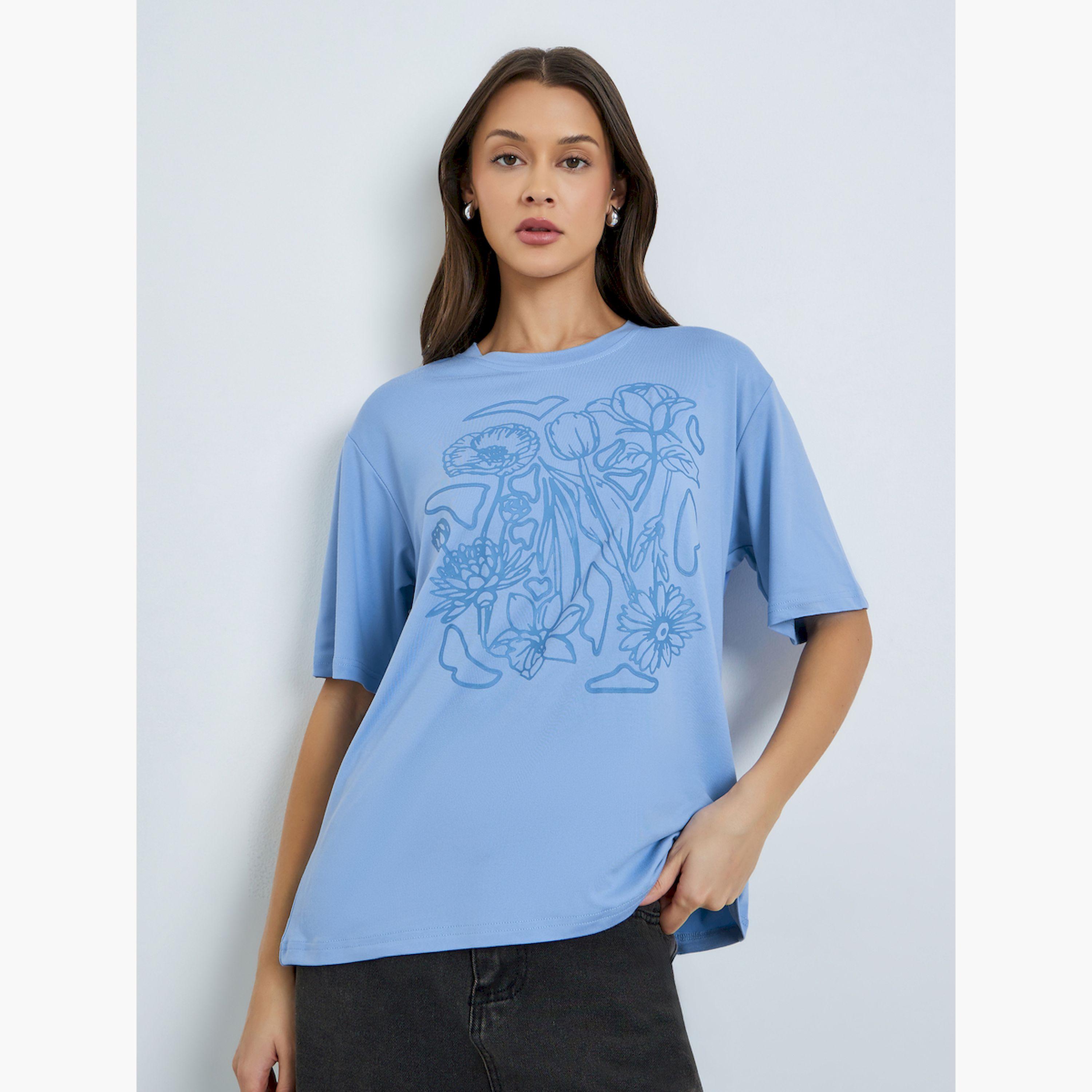 Styli Blue Graphic Floral Print Oversized T-Shirt-women-clothing-tshirts-image-1