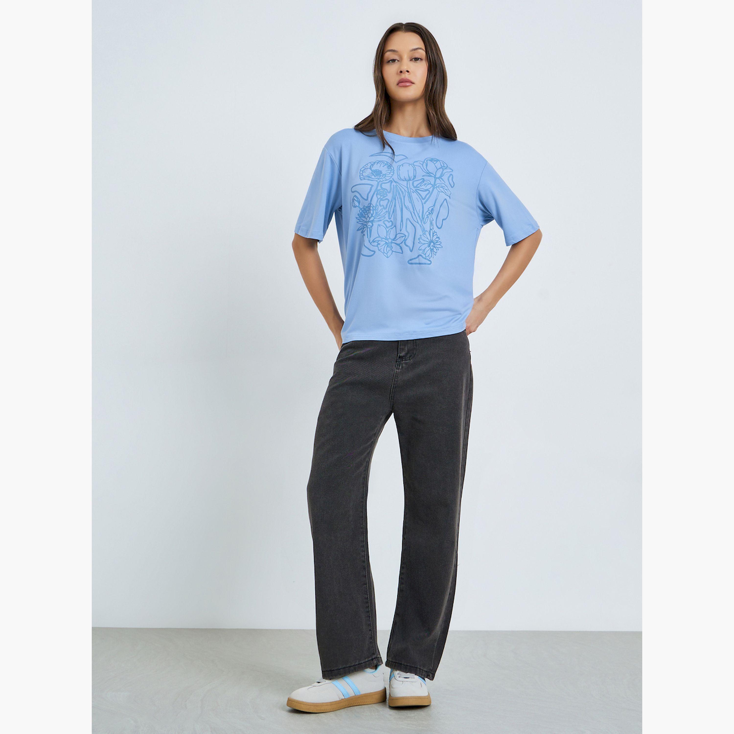 Styli Blue Graphic Floral Print Oversized T-Shirt-women-clothing-tshirts-image-2