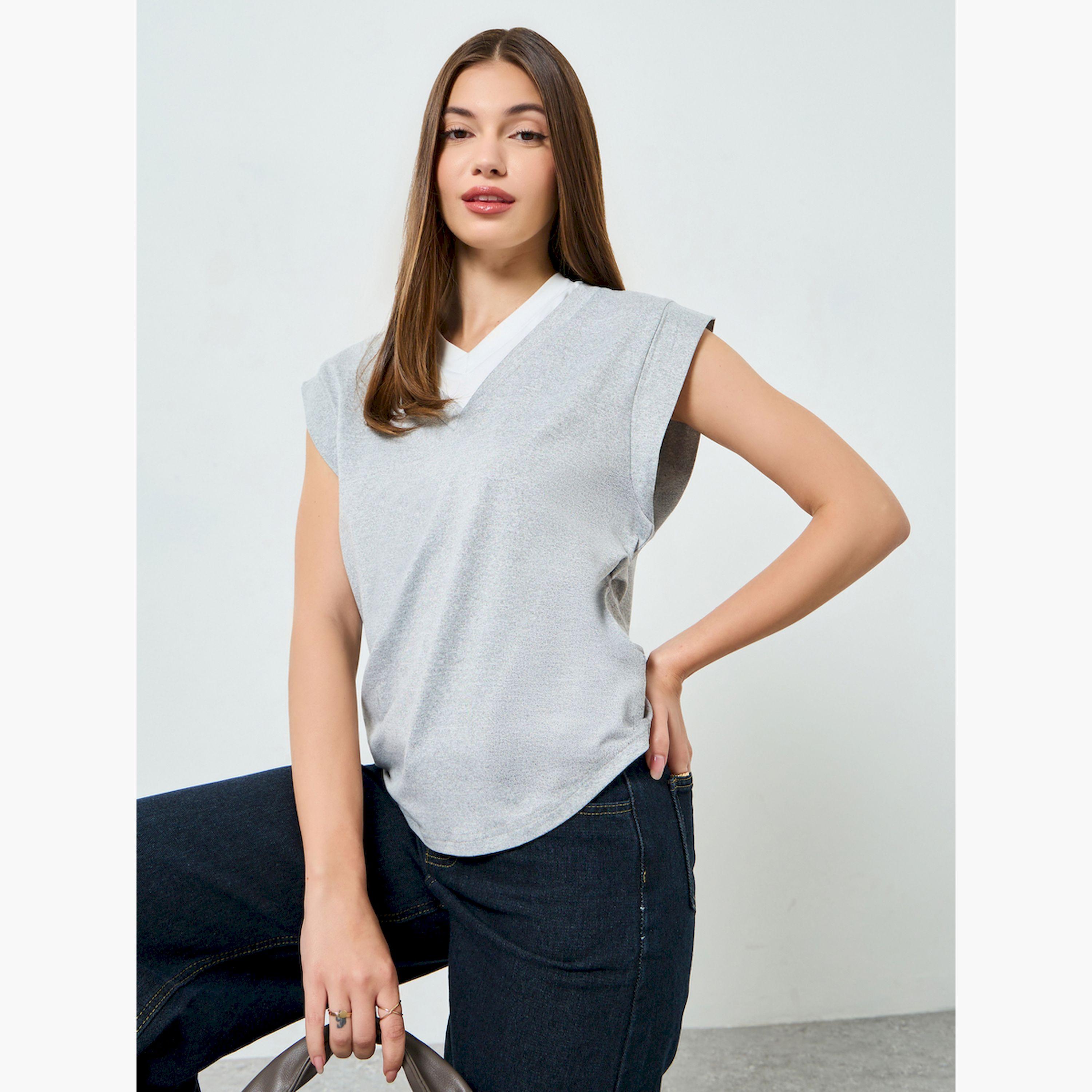 Styli Grey Contrast Neckline Sleeveless T-Shirt-women-clothing-tshirts-image-3