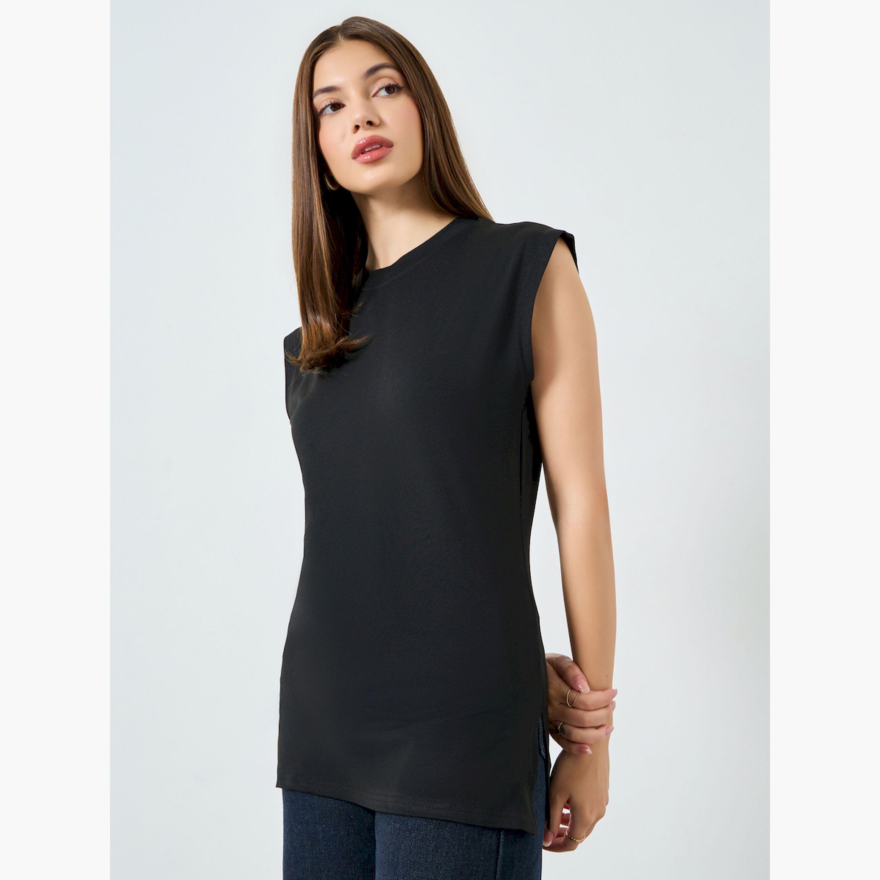 Styli Black Solid Sleeveless T-Shirt with Side Slit-women-clothing-tshirts-image-1