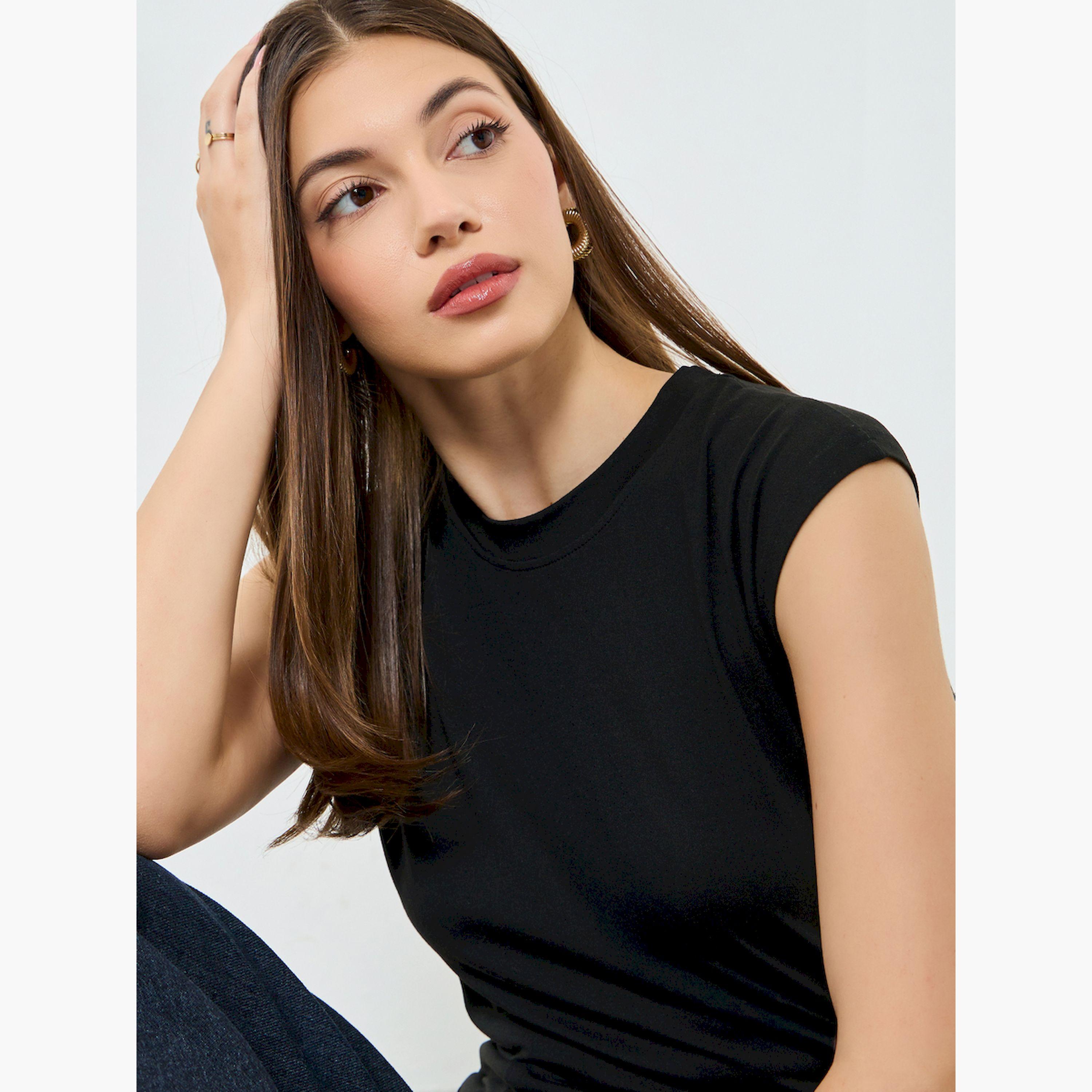Styli Black Solid Sleeveless T-Shirt with Side Slit-women-clothing-tshirts-image-3