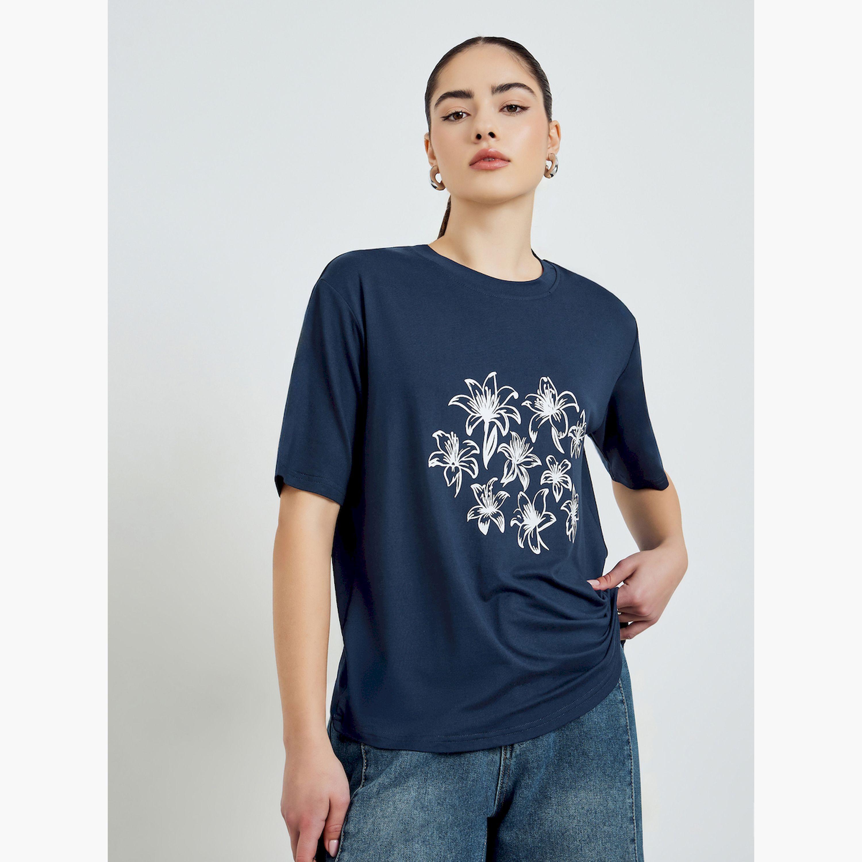 Styli Navy Blue Graphic Floral Oversized T-Shirt-women-clothing-tshirts-image-1