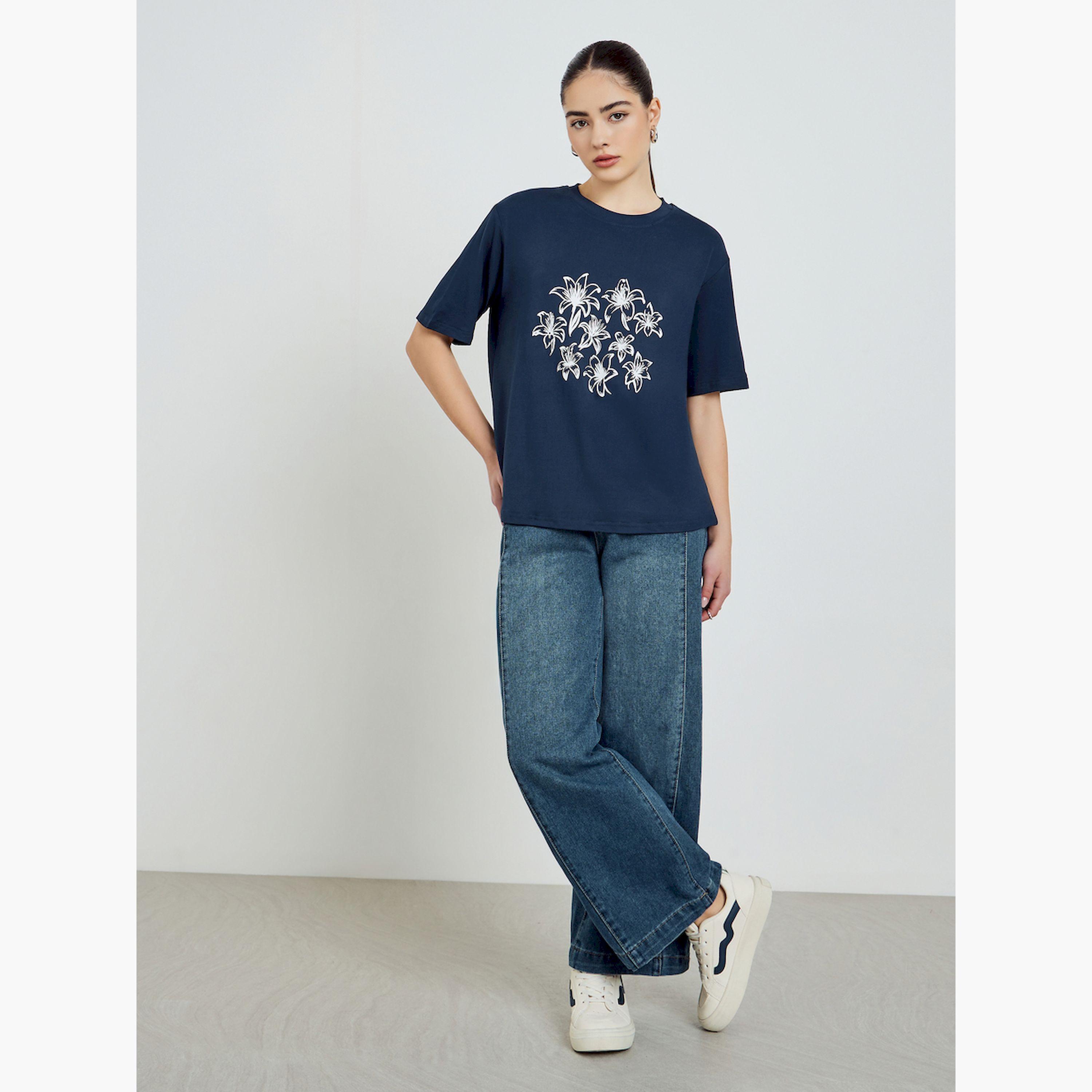 Styli Navy Blue Graphic Floral Oversized T-Shirt-women-clothing-tshirts-image-2