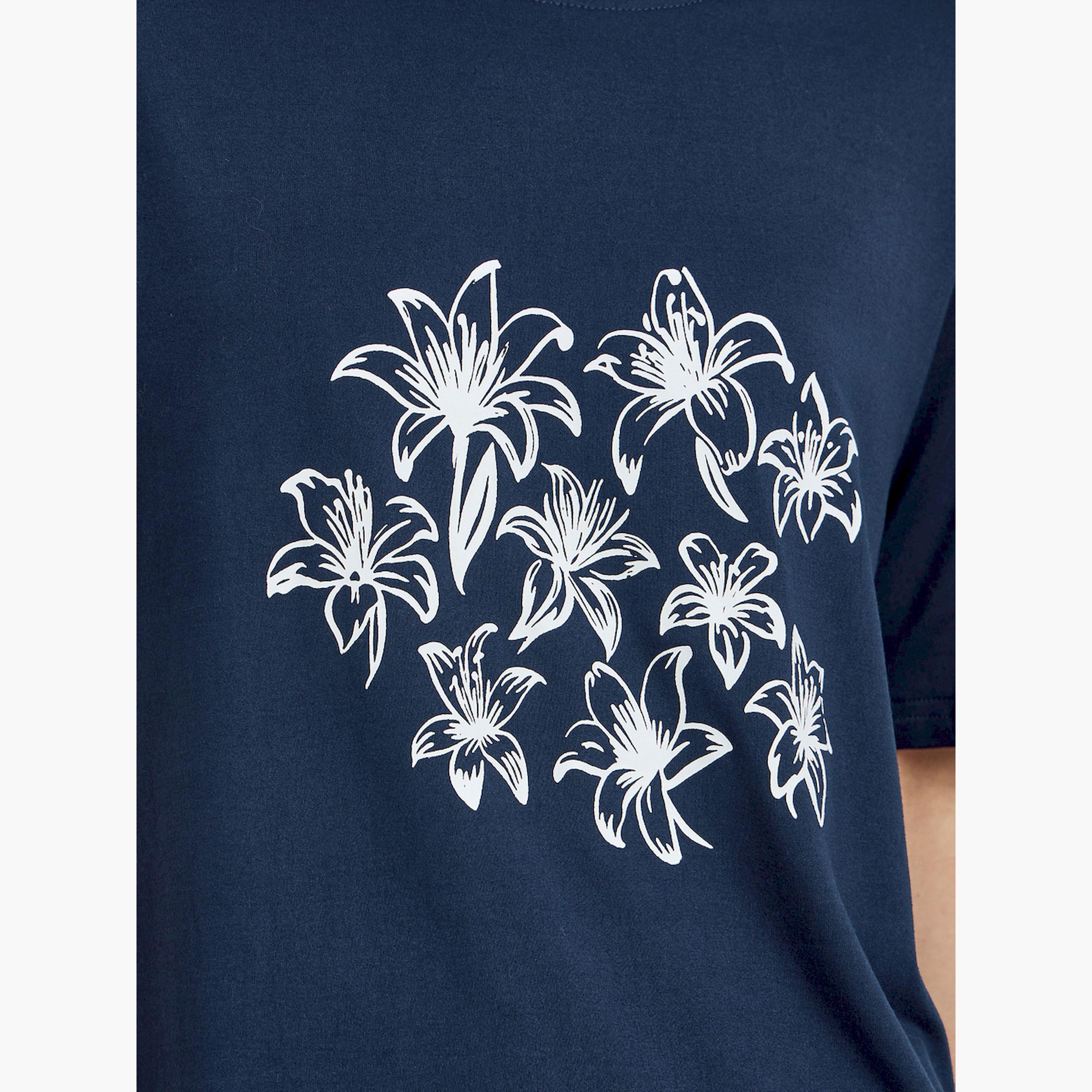 Styli Navy Blue Graphic Floral Oversized T-Shirt-women-clothing-tshirts-image-4