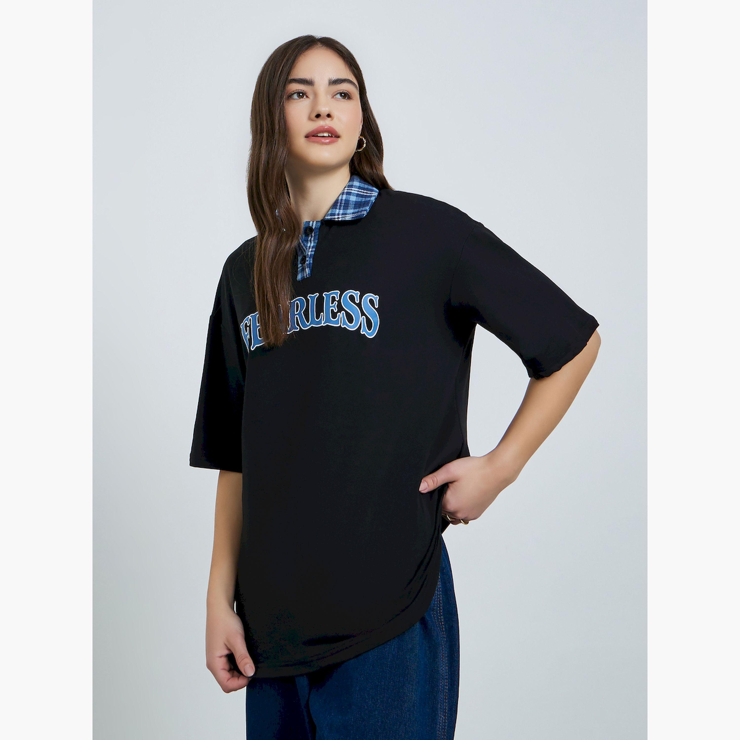تيشيرت واسع بياقة بولو وطبعة كتابة-women-clothing-tshirts-image-1