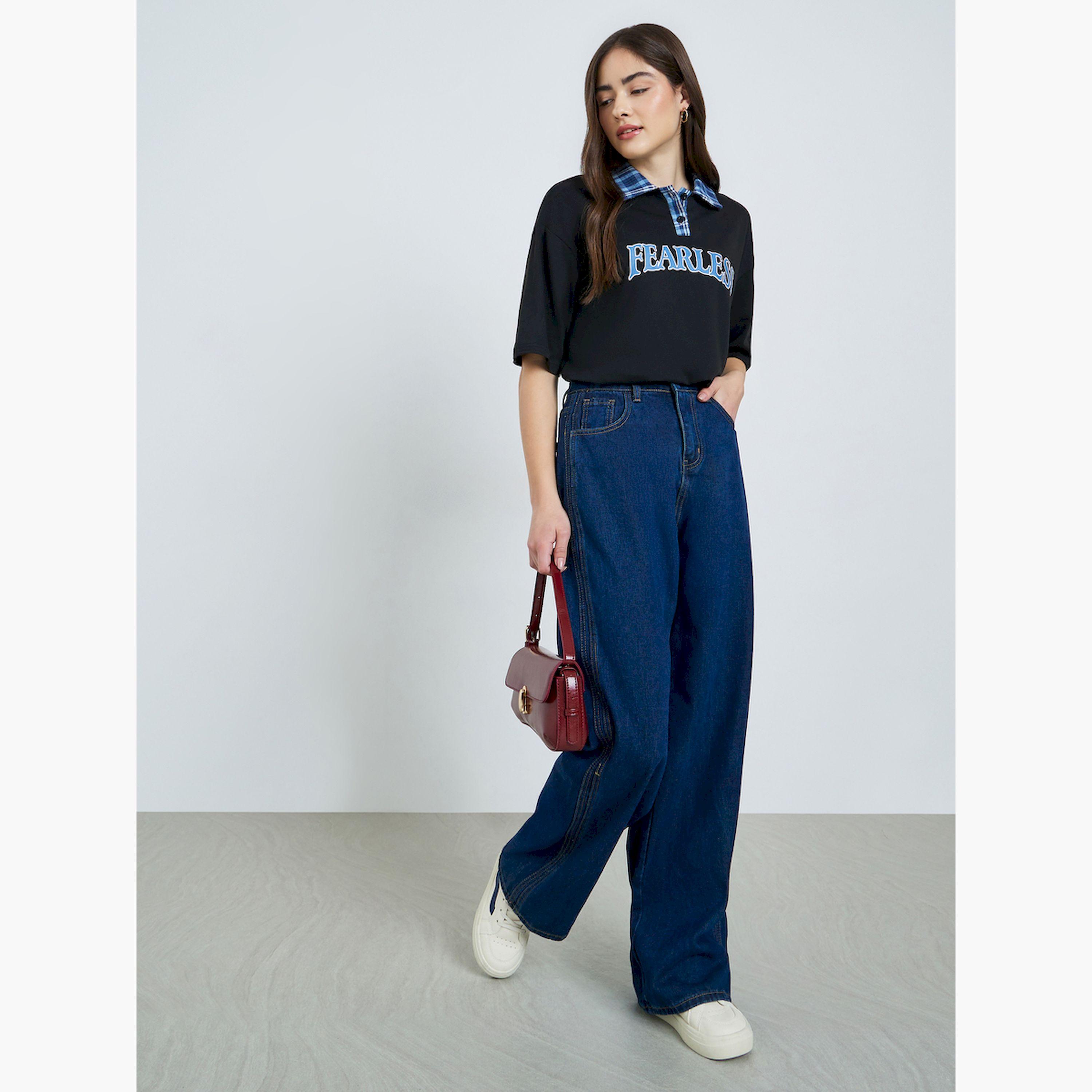 Styli Black Oversized Slogan Print Polo T-Shirt-women-clothing-tshirts-image-2