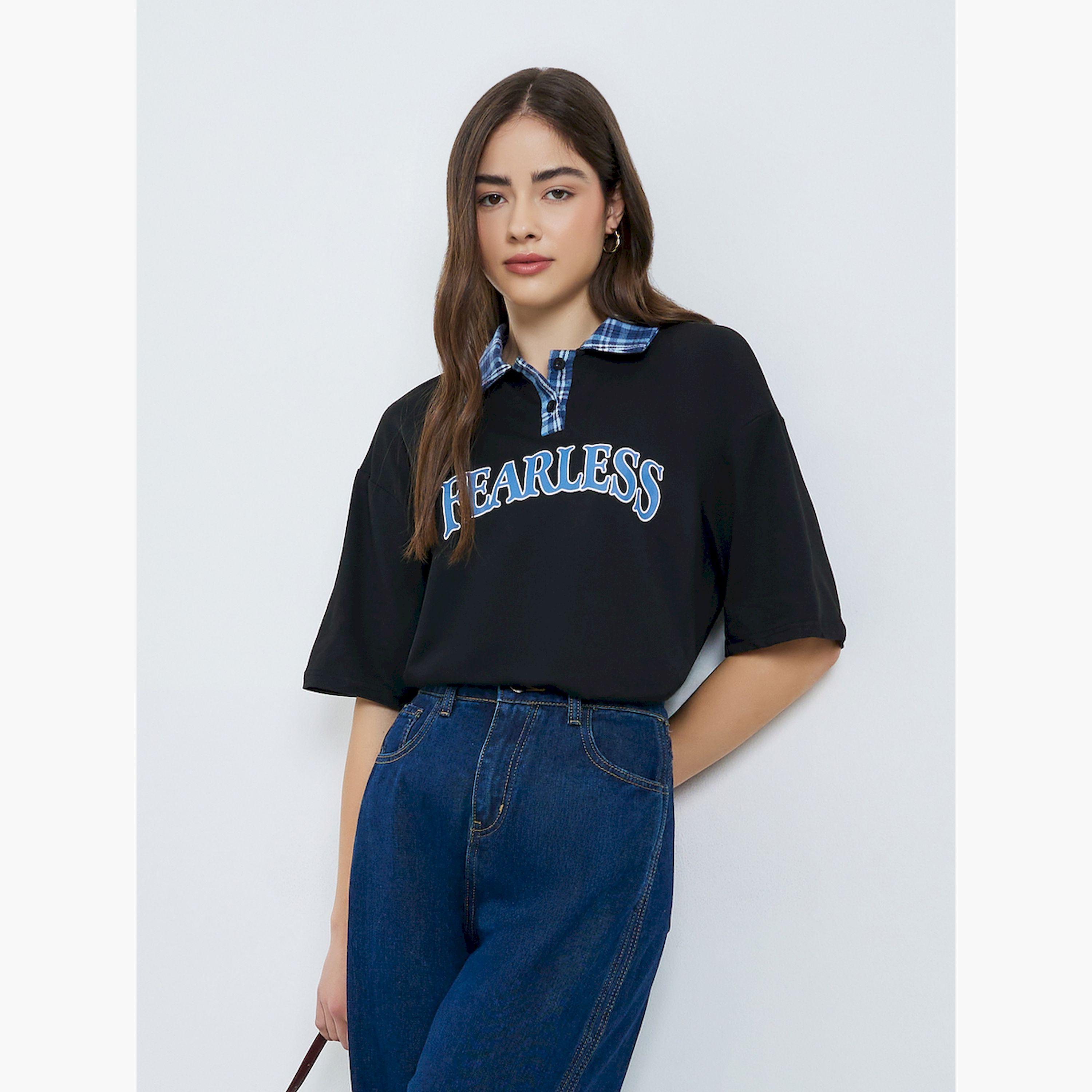 Styli Black Oversized Slogan Print Polo T-Shirt-women-clothing-tshirts-image-3