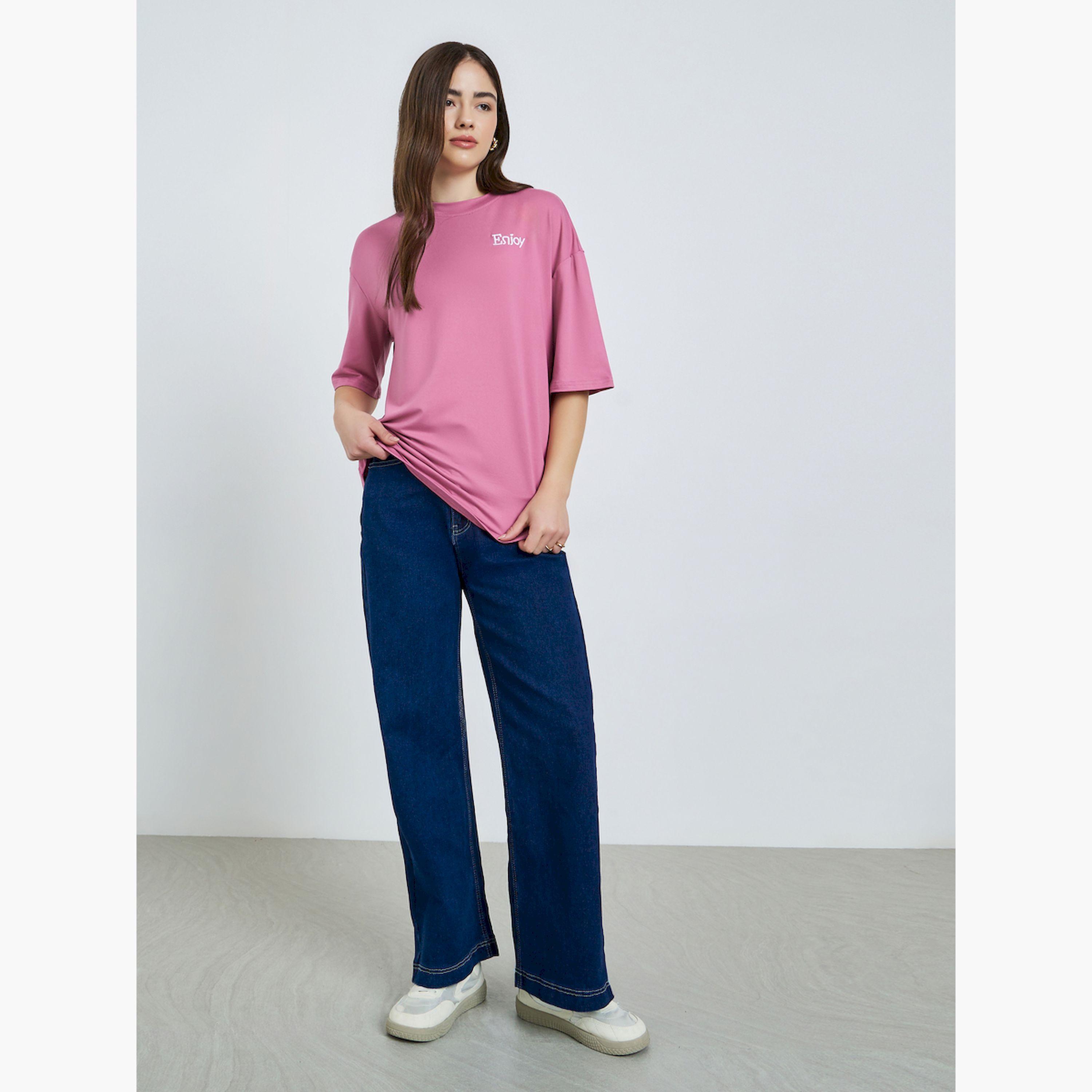 Styli Pink Embroidered Slogan Oversized T-Shirt-women-clothing-tshirts-image-2