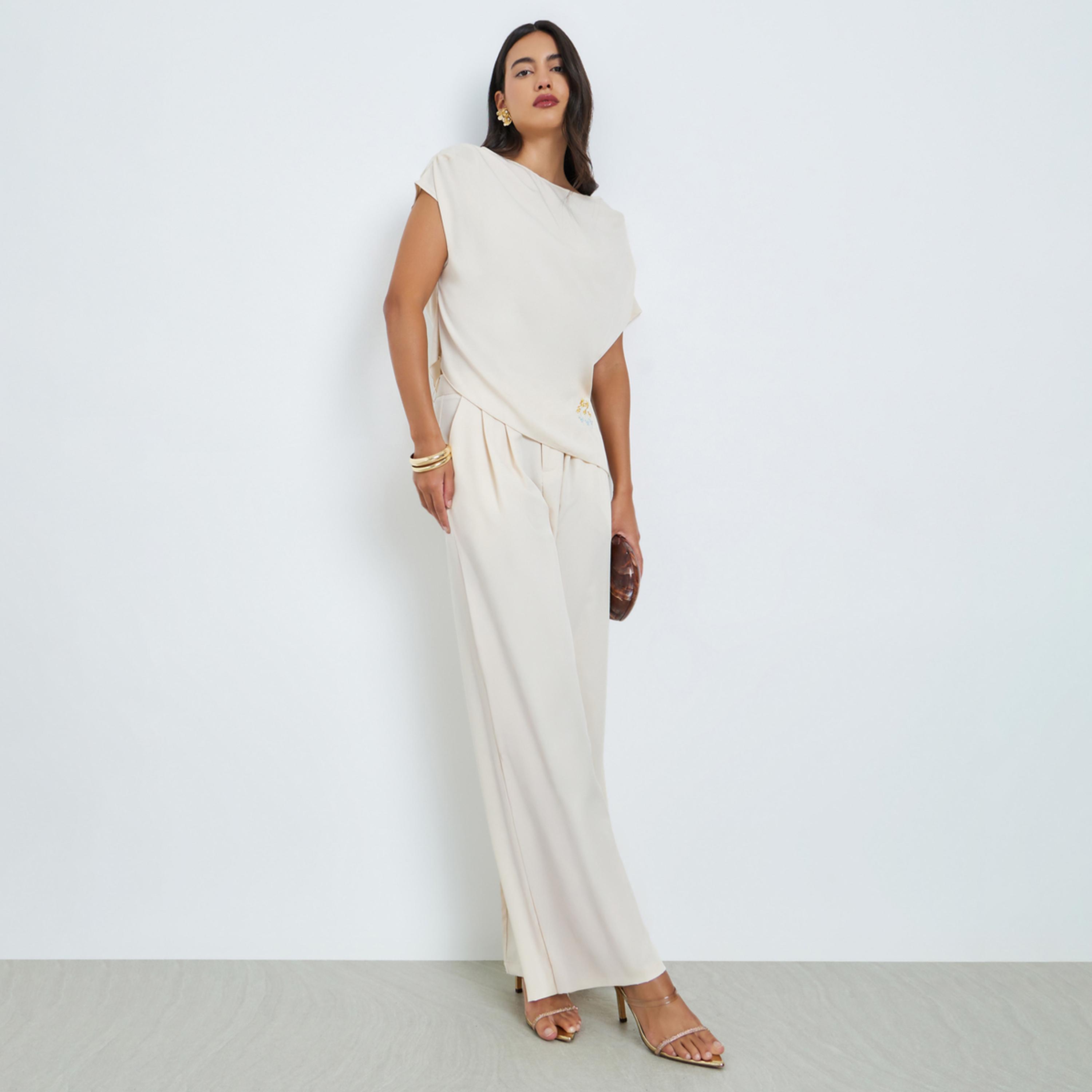 Styli Embroidered Short Sleeve Top and Wide Leg Pants Co-Ords-women-clothing-coordsets-image-1