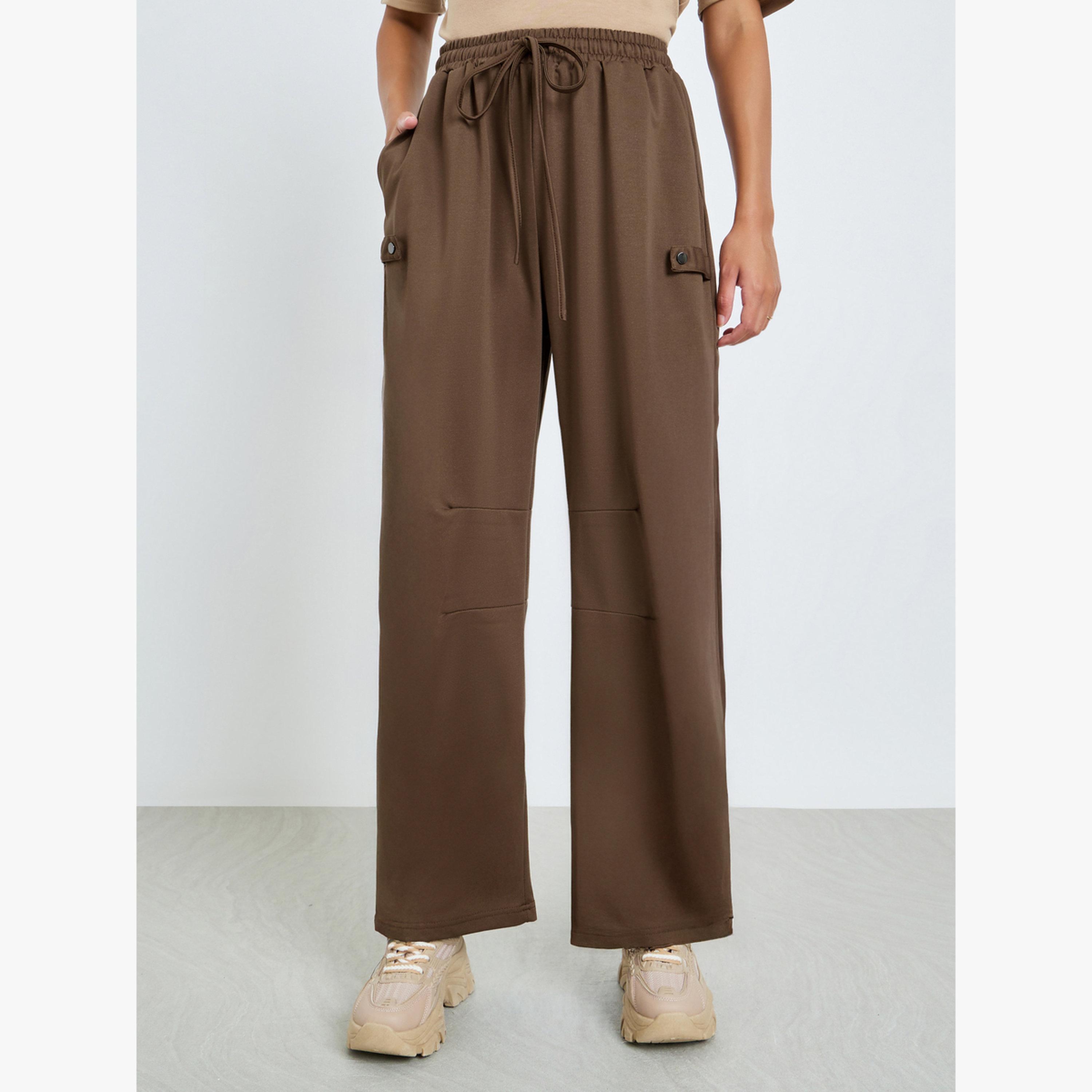 Styli Brown Wide Leg Joggers with Drawstring-women-clothing-bottoms-joggers-image-1