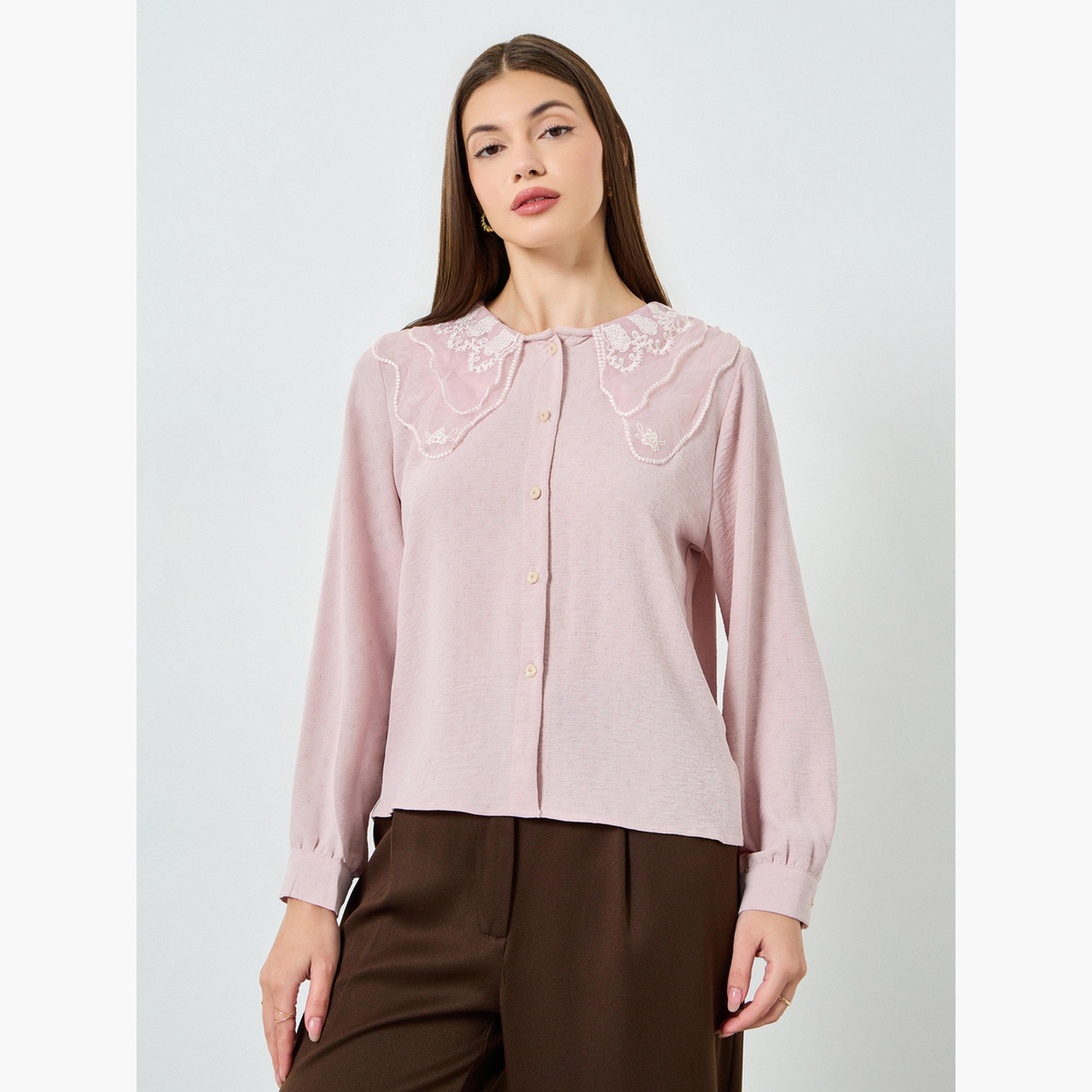 Styli Pink Lace Collar Buttoned Shirt-women-clothing-shirtsandblouses-shirts-image-1