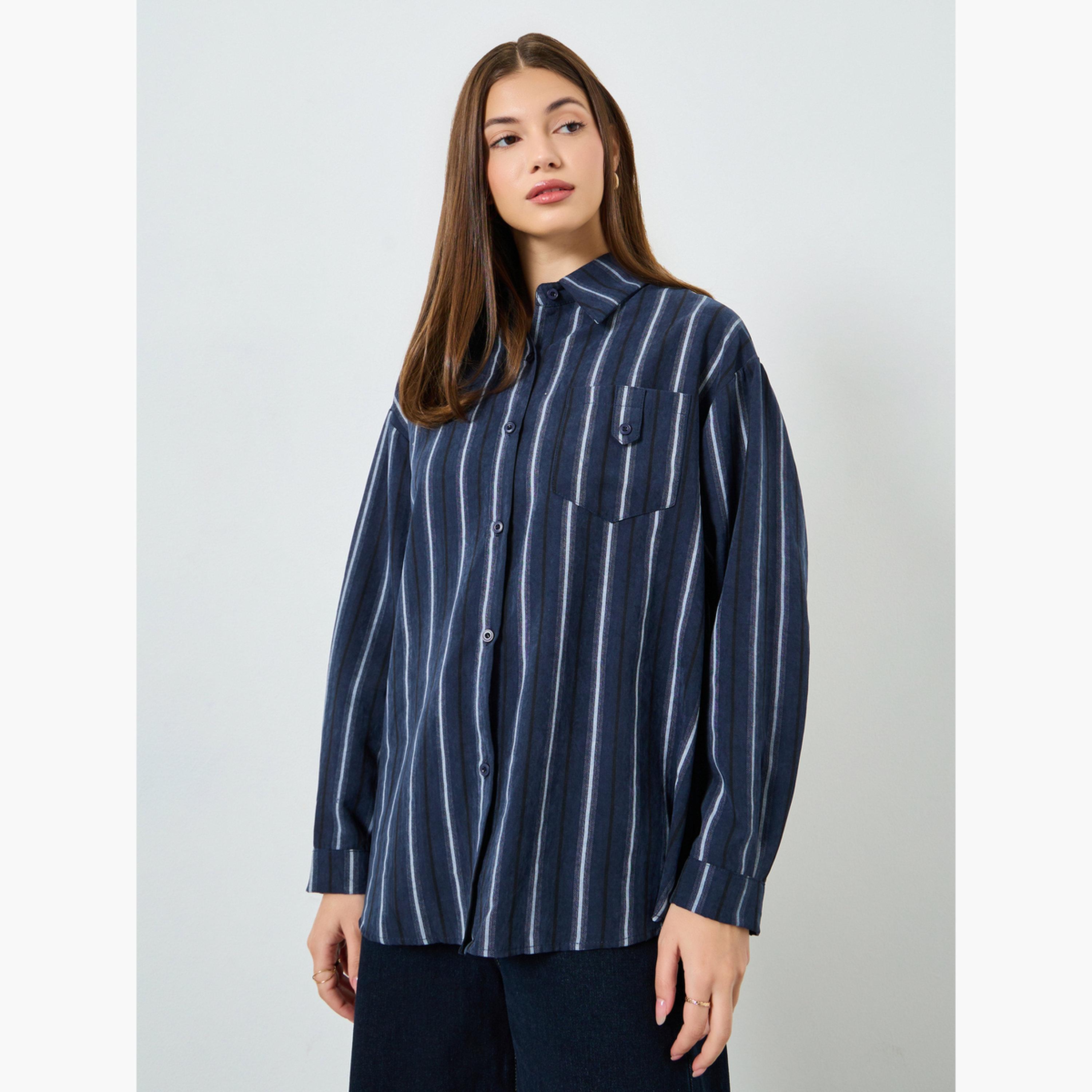 Styli Blue Striped Oversized Shirt-women-clothing-shirtsandblouses-shirts-image-1
