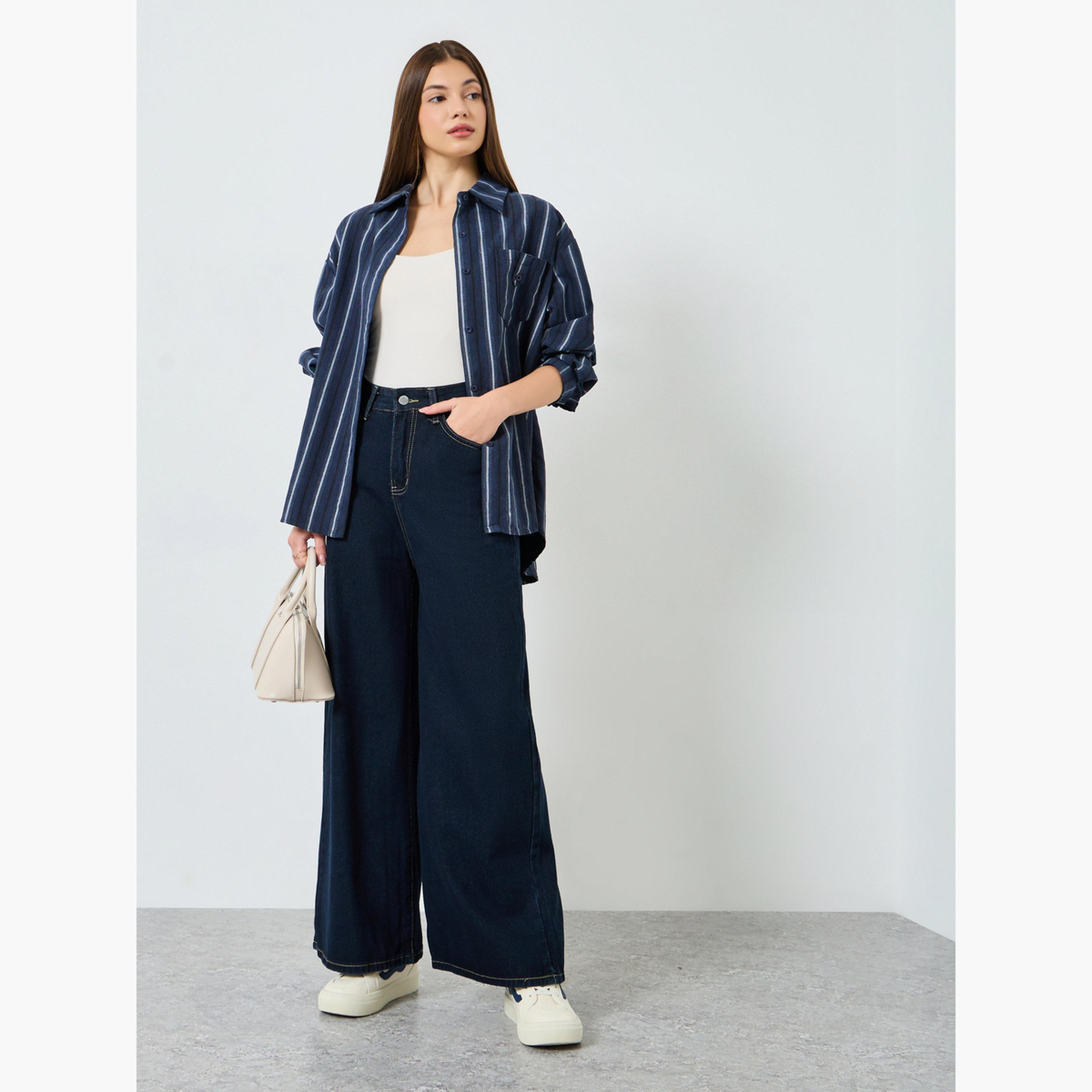 Styli Blue Striped Oversized Shirt-women-clothing-shirtsandblouses-shirts-image-2