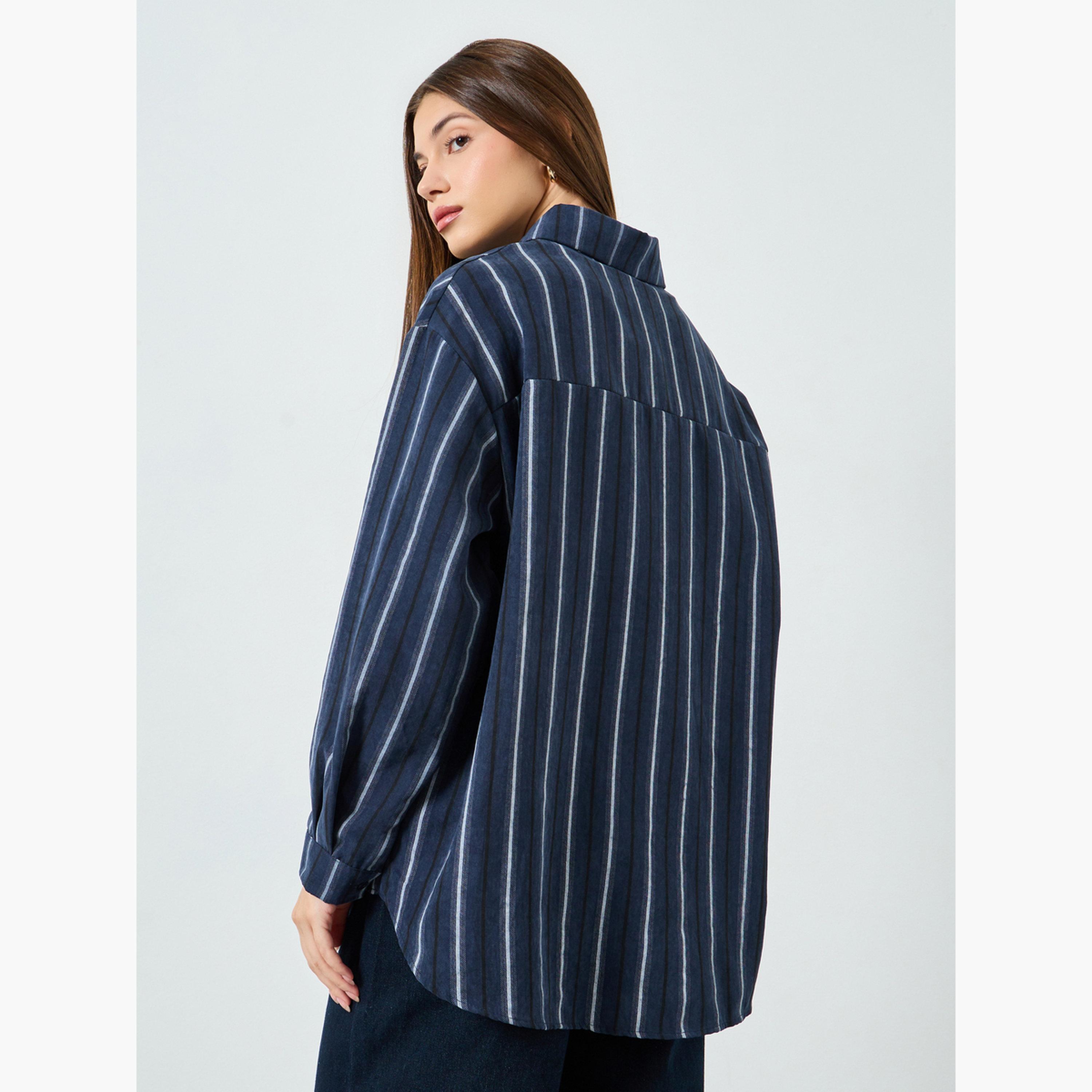 Styli Blue Striped Oversized Shirt-women-clothing-shirtsandblouses-shirts-image-5