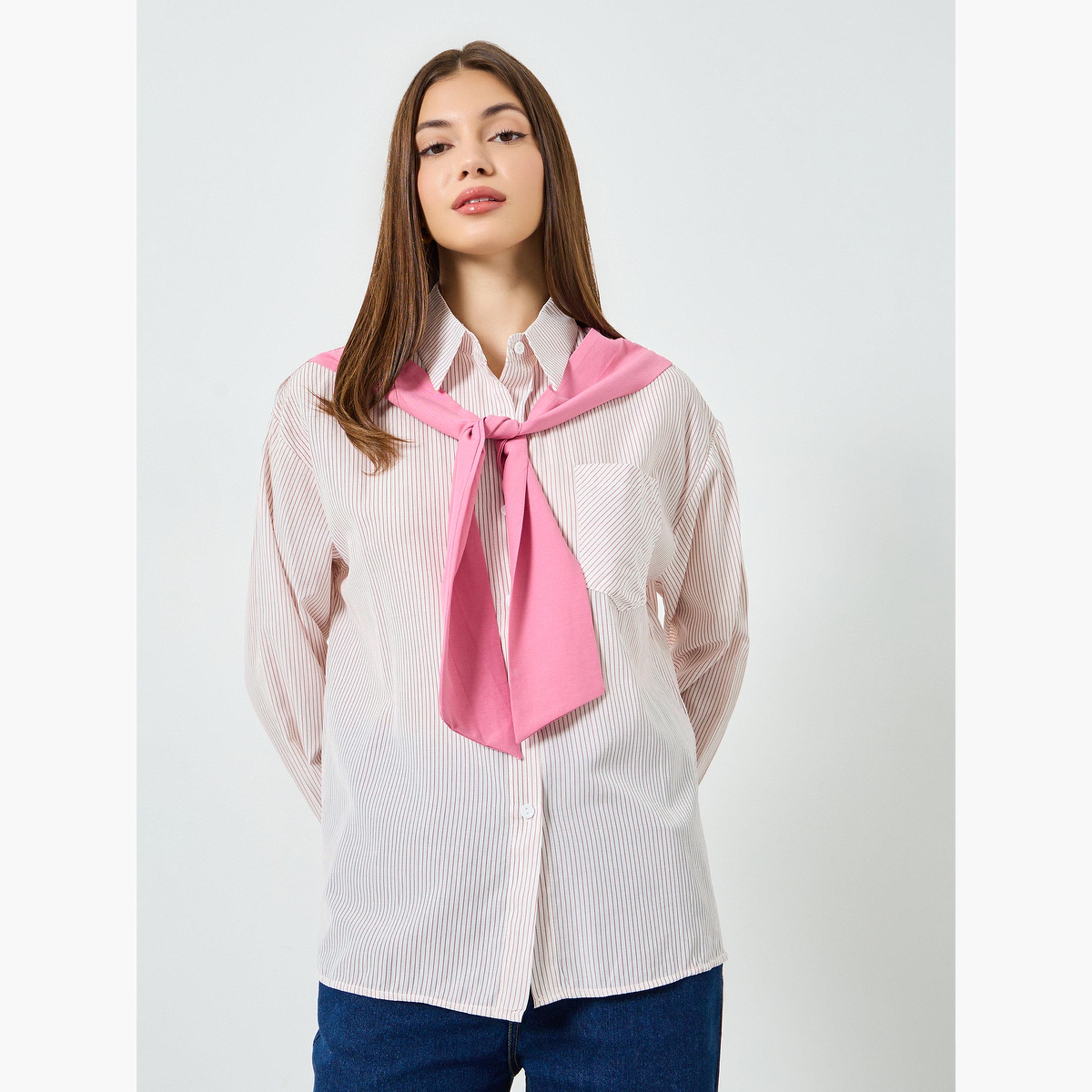 قميص وردي مخطط بأكمام طويلة مع ربطة عنق-women-clothing-shirtsandblouses-shirts-image-1