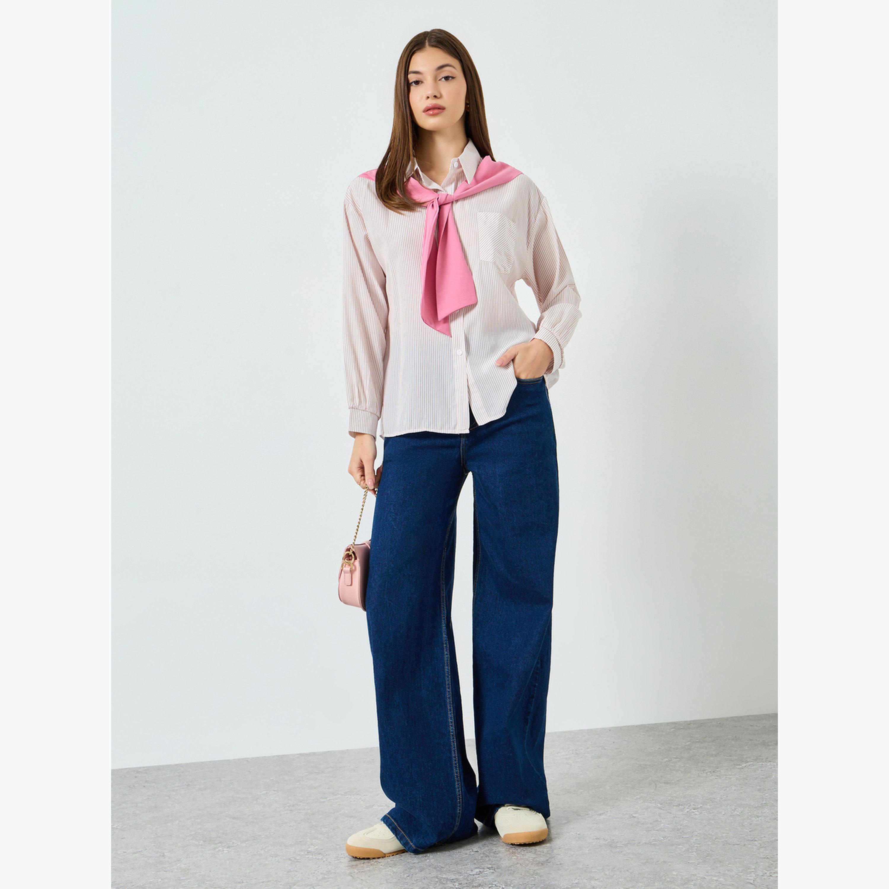Styli Pink Striped Long Sleeve Shirt with Pink Neck-Tie-women-clothing-shirtsandblouses-shirts-image-2