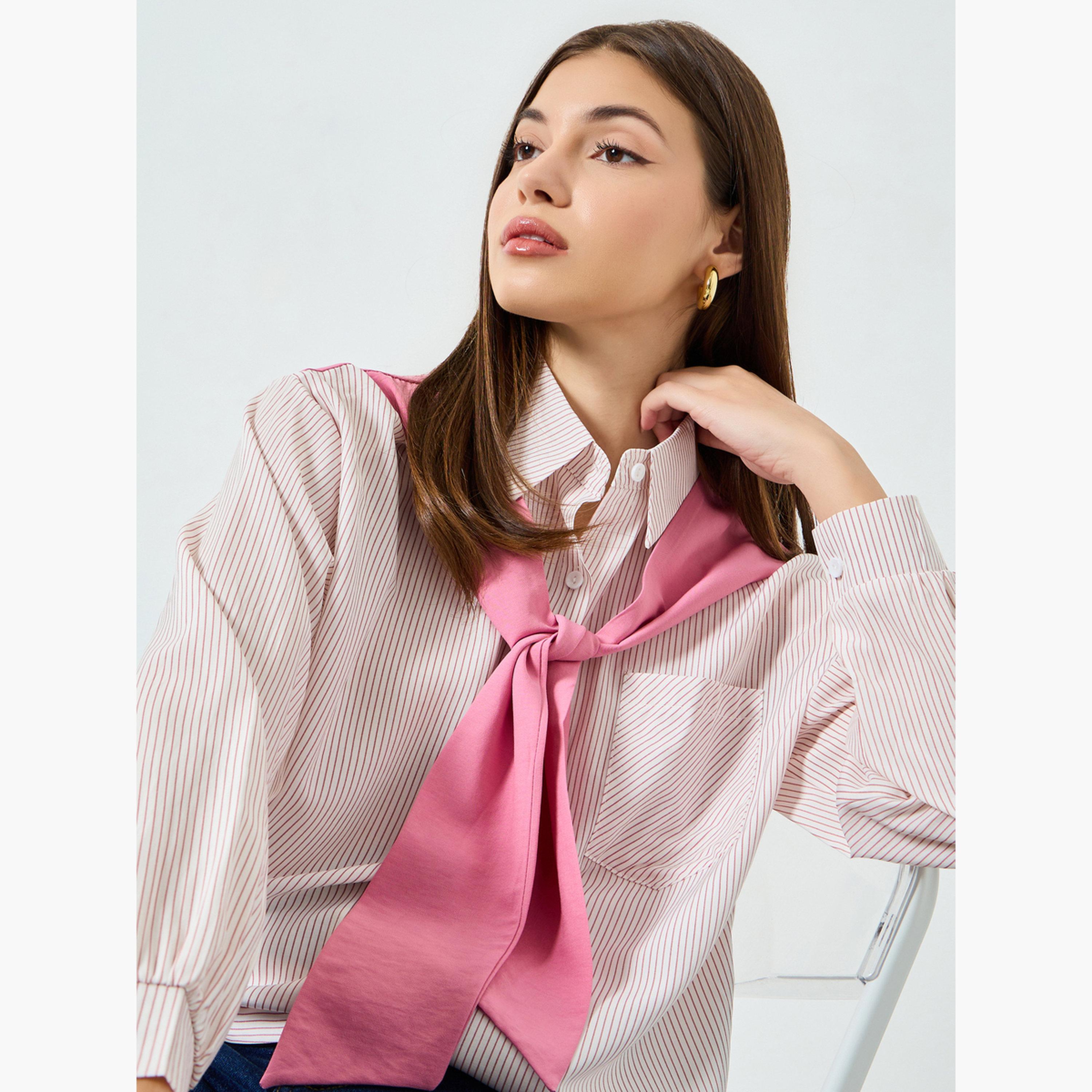 قميص وردي مخطط بأكمام طويلة مع ربطة عنق-women-clothing-shirtsandblouses-shirts-image-3