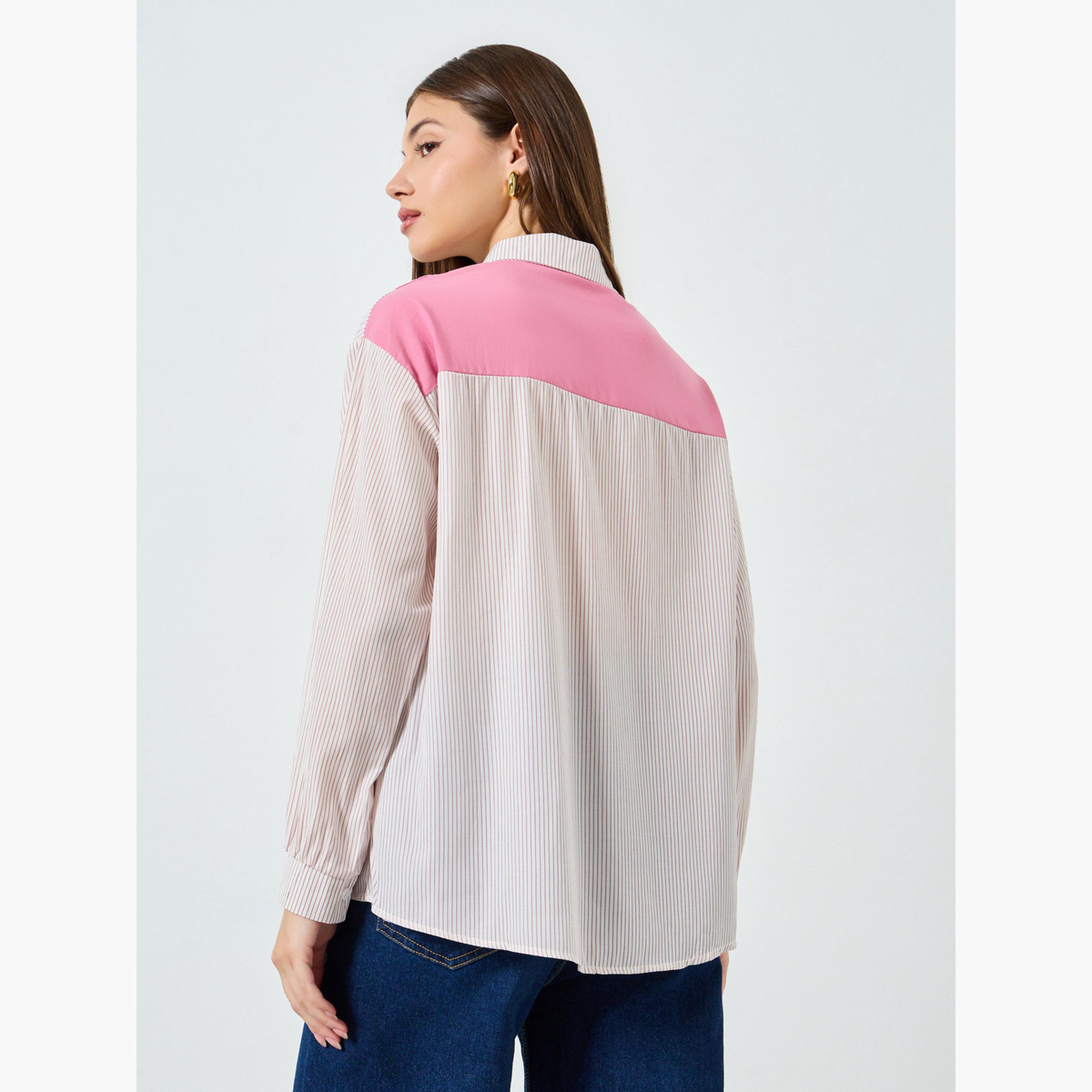 Styli Pink Striped Long Sleeve Shirt with Pink Neck-Tie-women-clothing-shirtsandblouses-shirts-image-5