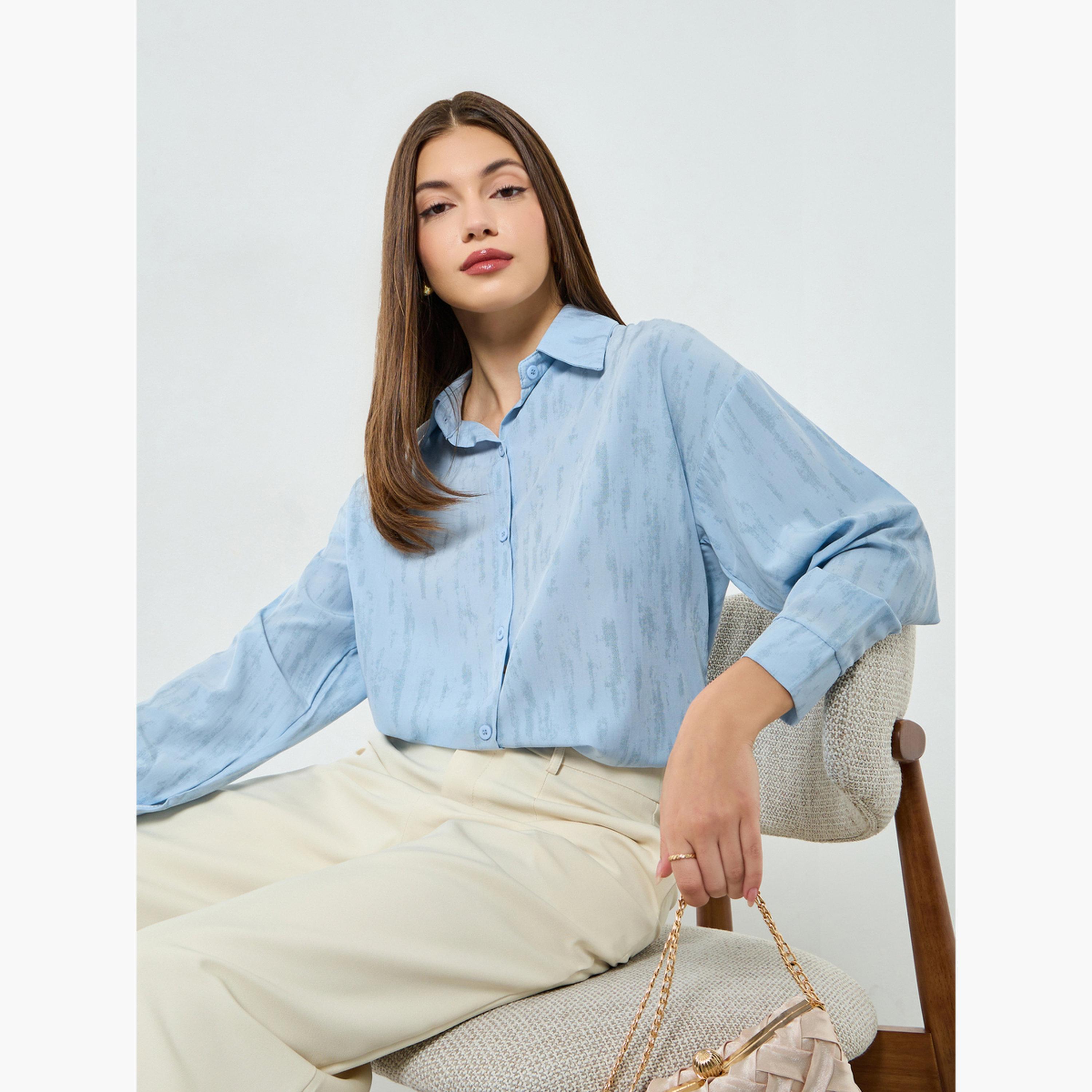 قميص أزرق منسوج بأكمام طويلة وقصة واسعة-women-clothing-shirtsandblouses-shirts-image-3