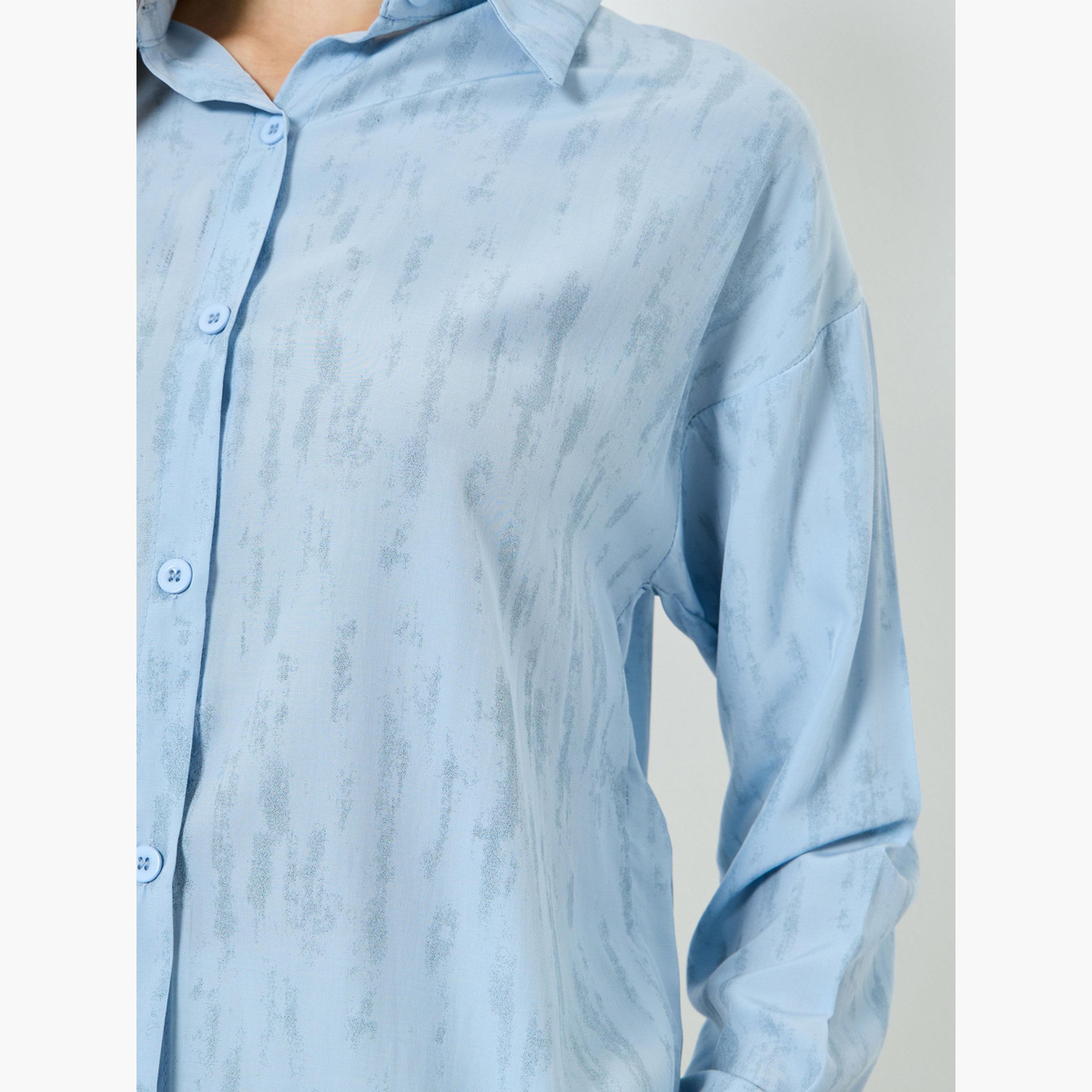 Styli Blue Textured Long Sleeve Oversized Shirt-women-clothing-shirtsandblouses-shirts-image-4
