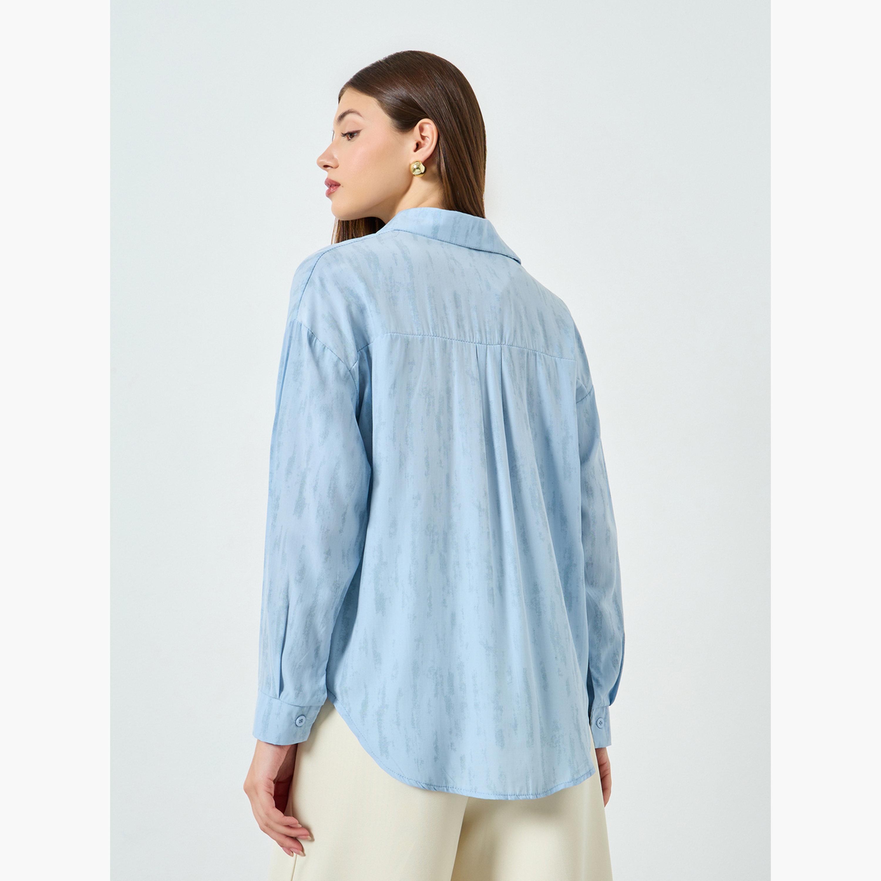 Styli Blue Textured Long Sleeve Oversized Shirt-women-clothing-shirtsandblouses-shirts-image-5