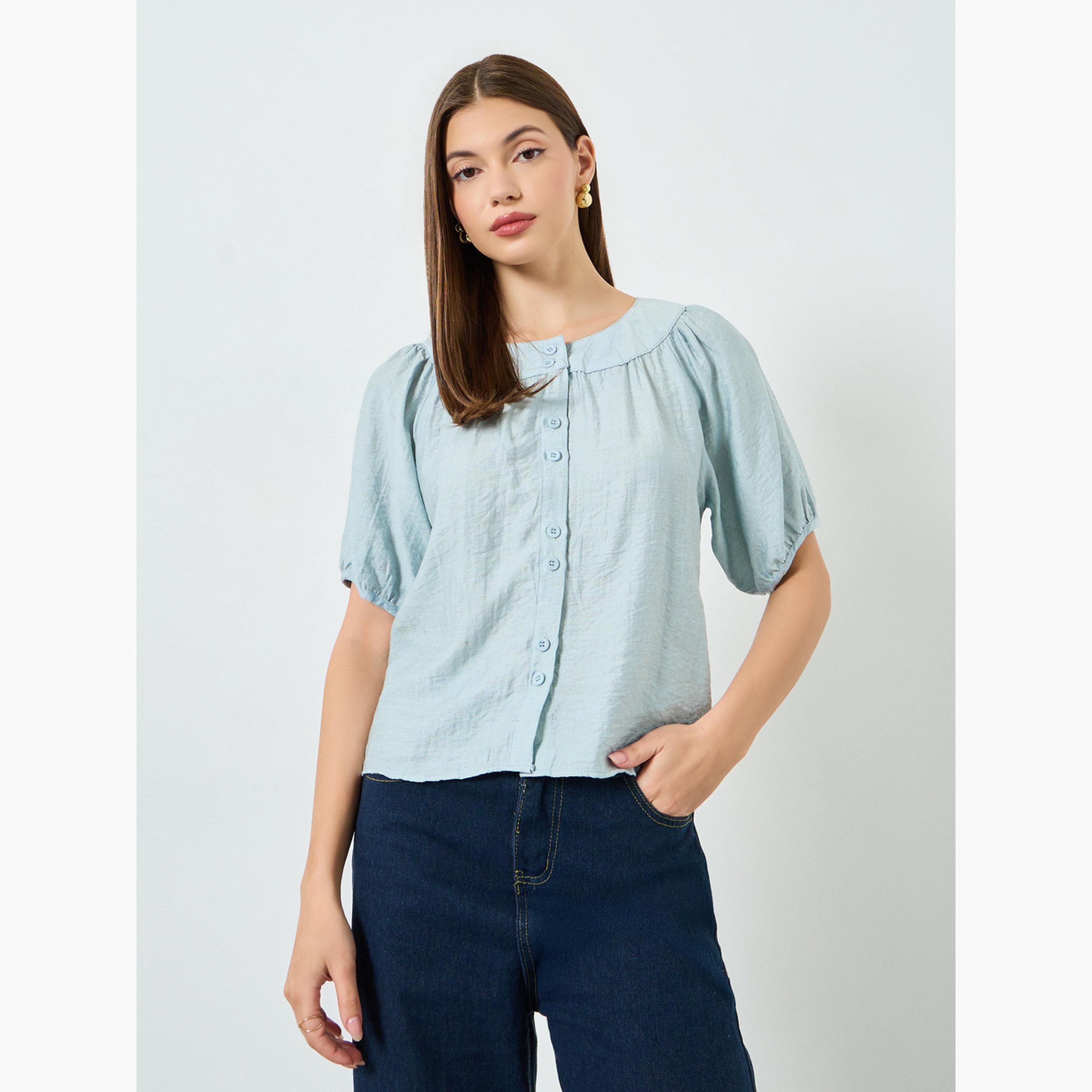 Styli Blue Button-Down Blouse with Short Sleeves-women-clothing-shirtsandblouses-blouses-image-1