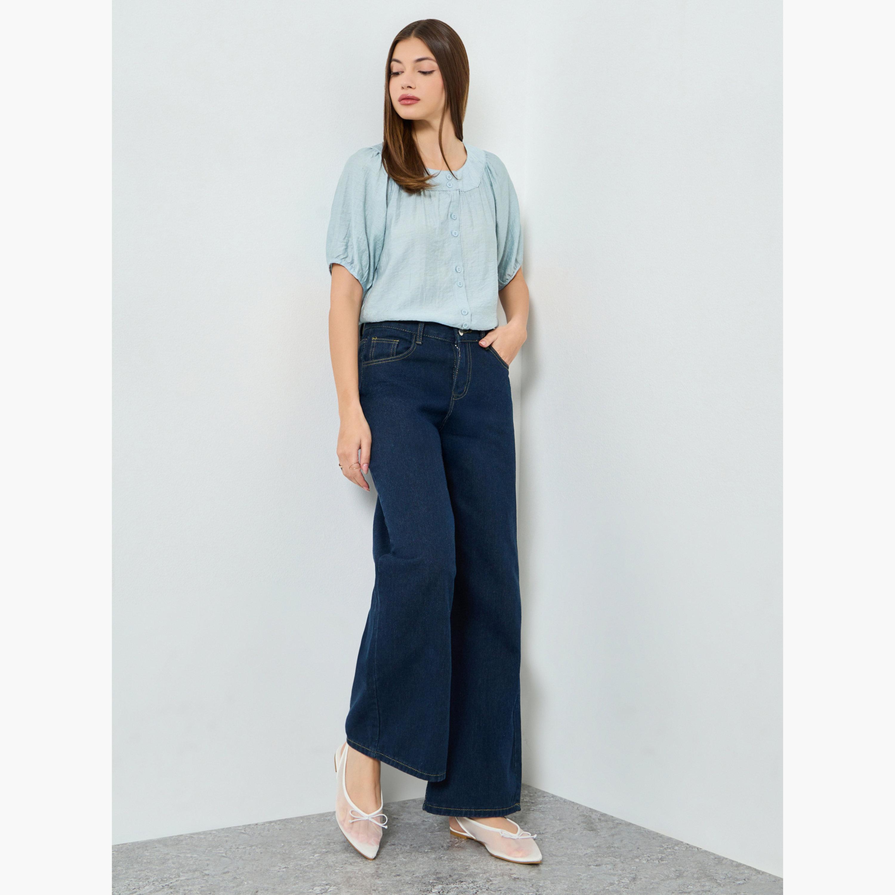 Styli Blue Button-Down Blouse with Short Sleeves-women-clothing-shirtsandblouses-blouses-image-2