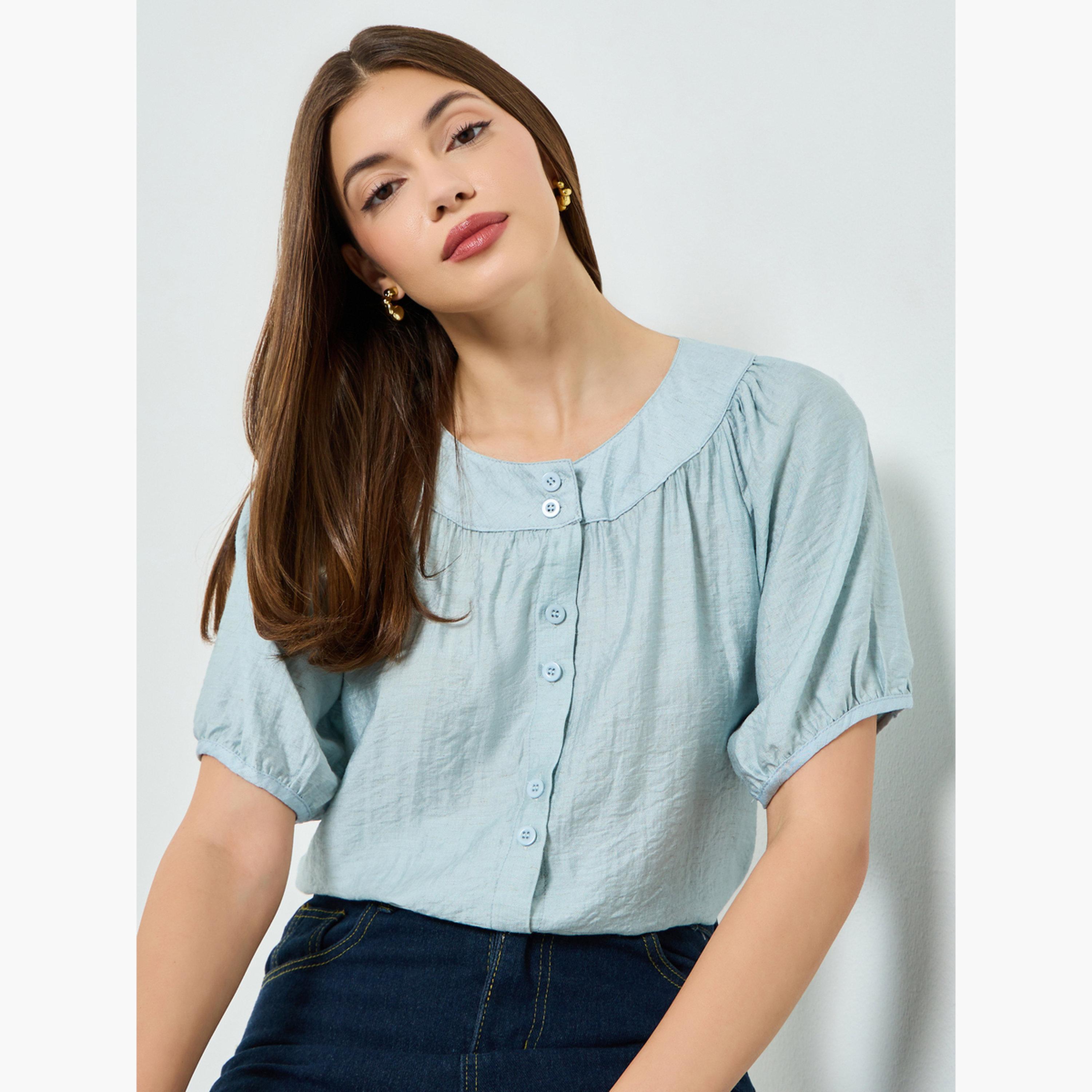 Styli Blue Button-Down Blouse with Short Sleeves-women-clothing-shirtsandblouses-blouses-image-3