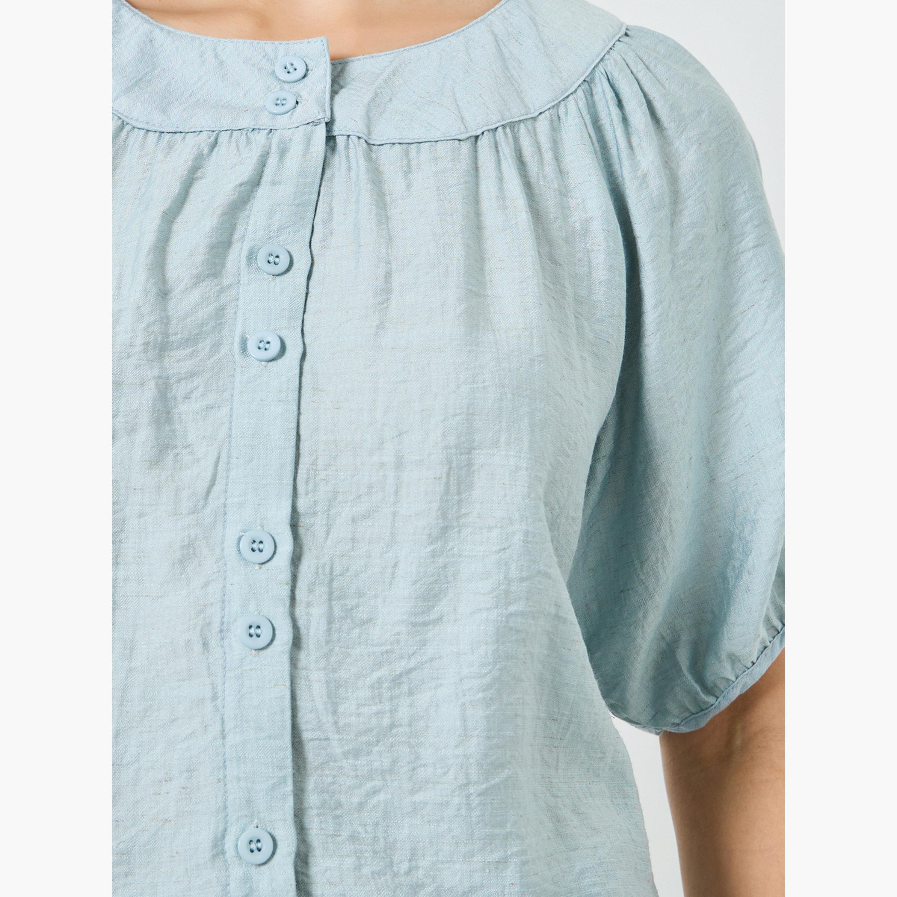 Styli Blue Button-Down Blouse with Short Sleeves-women-clothing-shirtsandblouses-blouses-image-4
