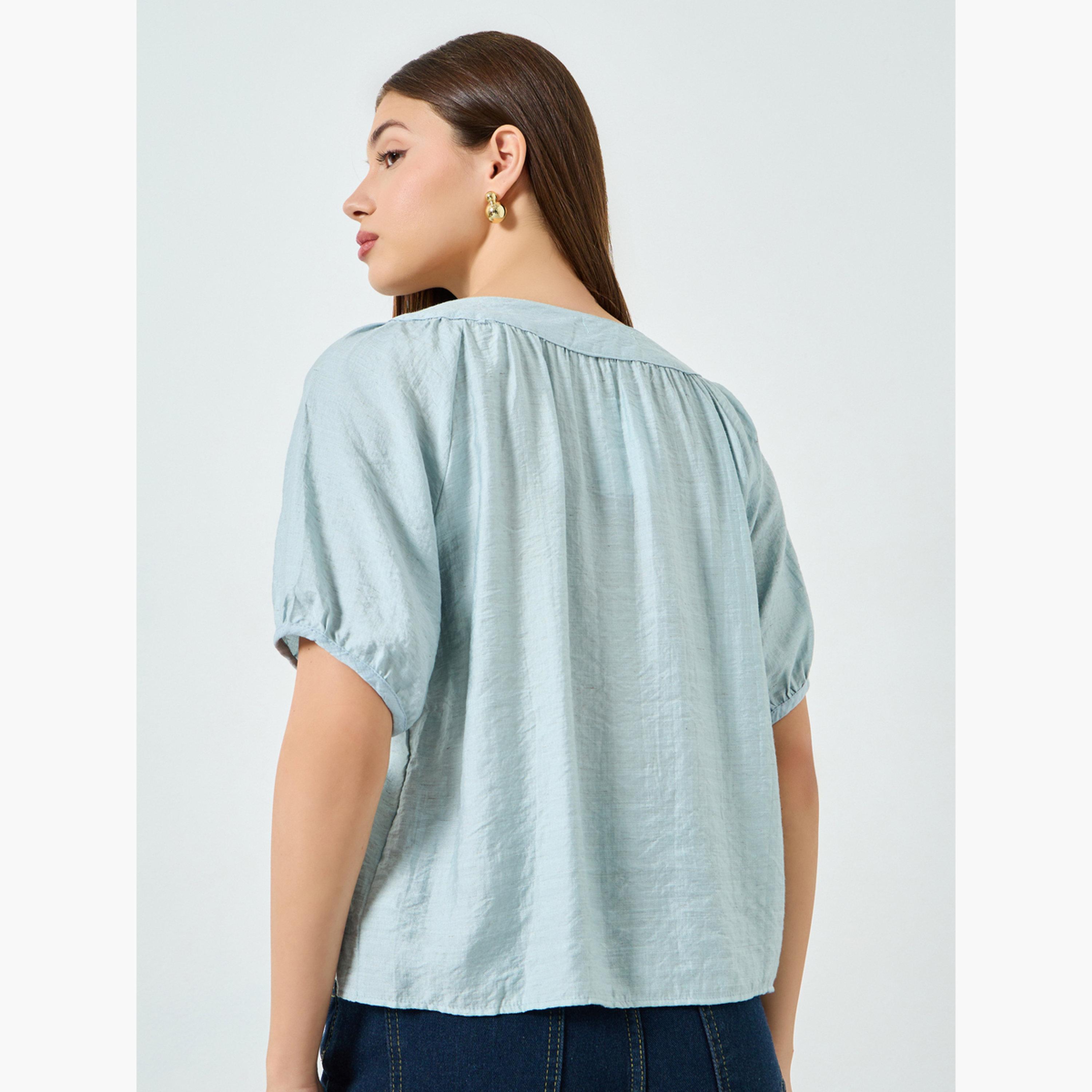 Styli Blue Button-Down Blouse with Short Sleeves-women-clothing-shirtsandblouses-blouses-image-5