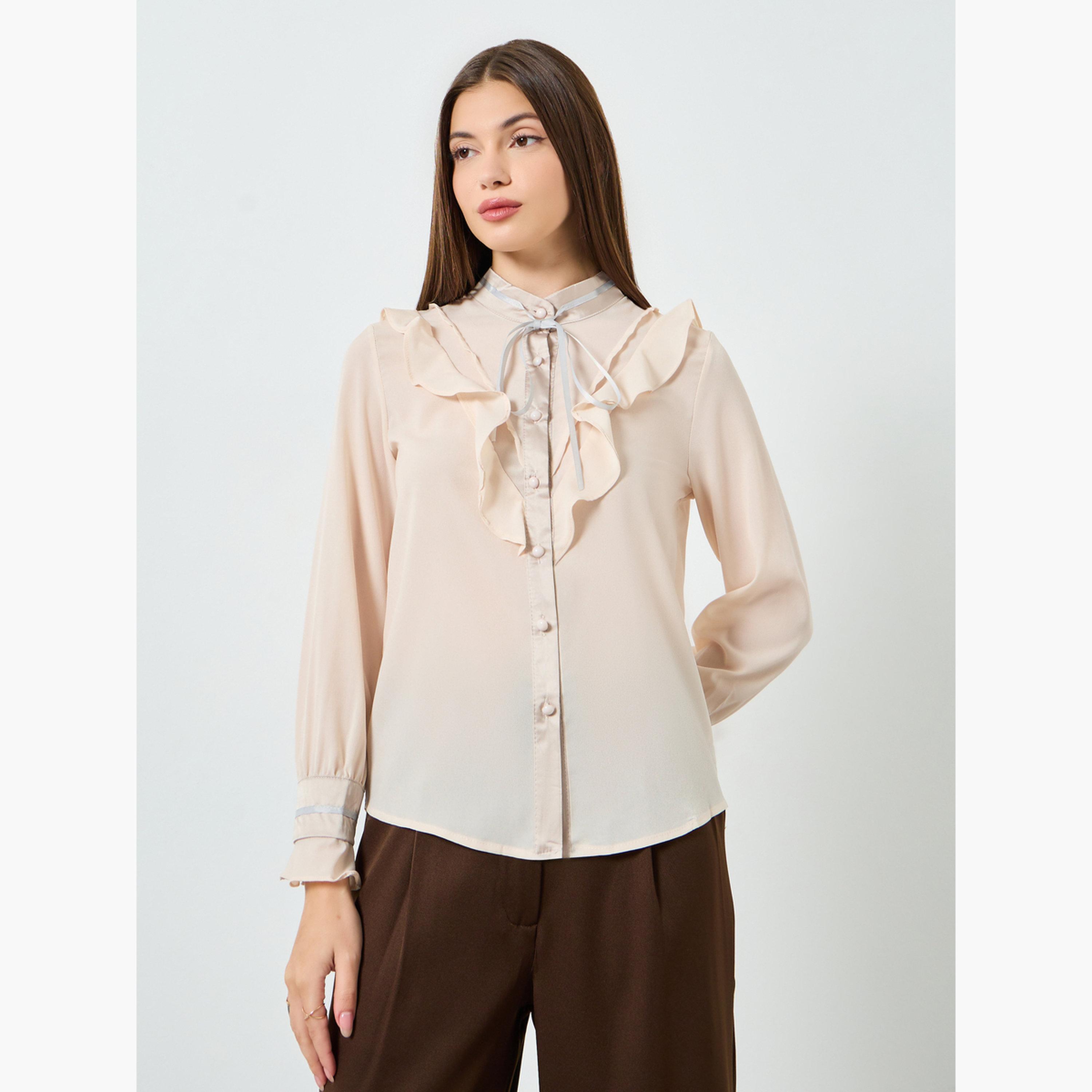 قميص بيج واسع بتفاصيل كشكشة-women-clothing-shirtsandblouses-blouses-image-1