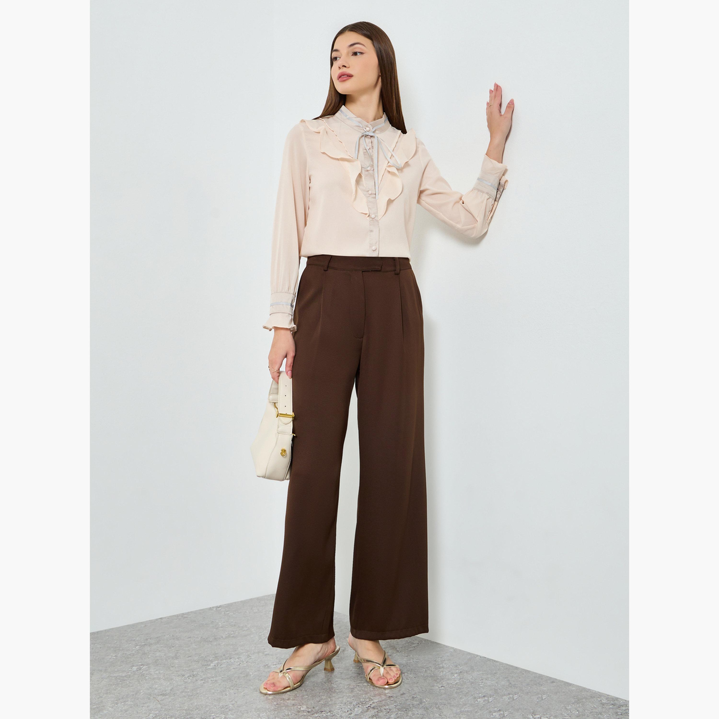 قميص بيج واسع بتفاصيل كشكشة-women-clothing-shirtsandblouses-blouses-image-2