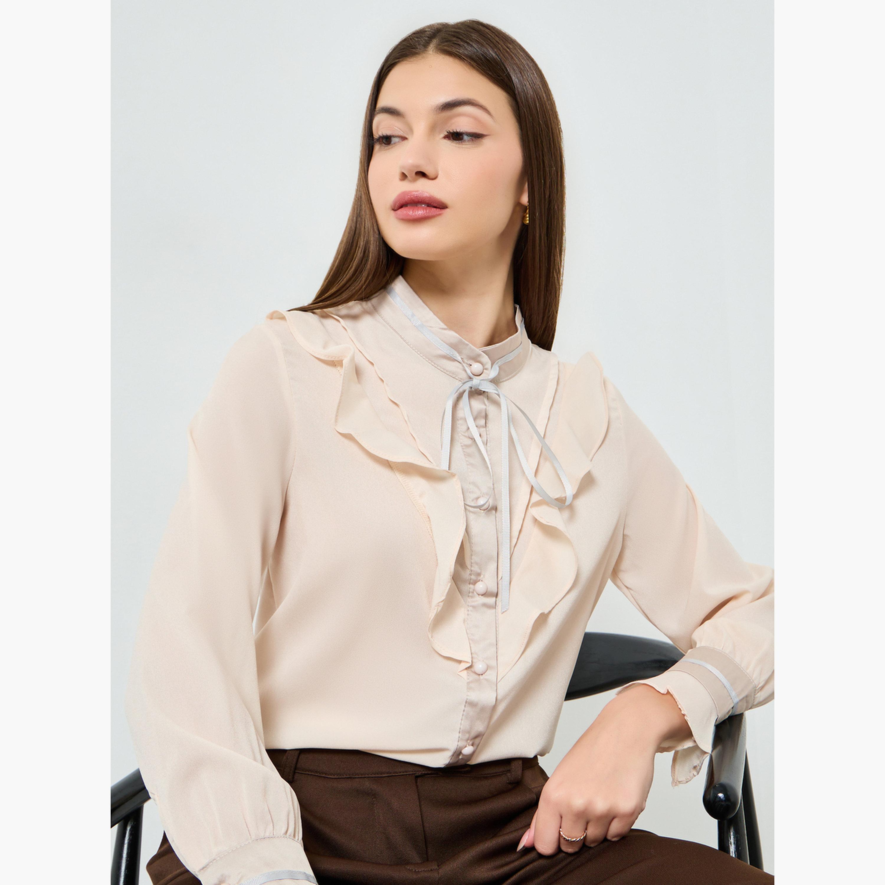 قميص بيج واسع بتفاصيل كشكشة-women-clothing-shirtsandblouses-blouses-image-3