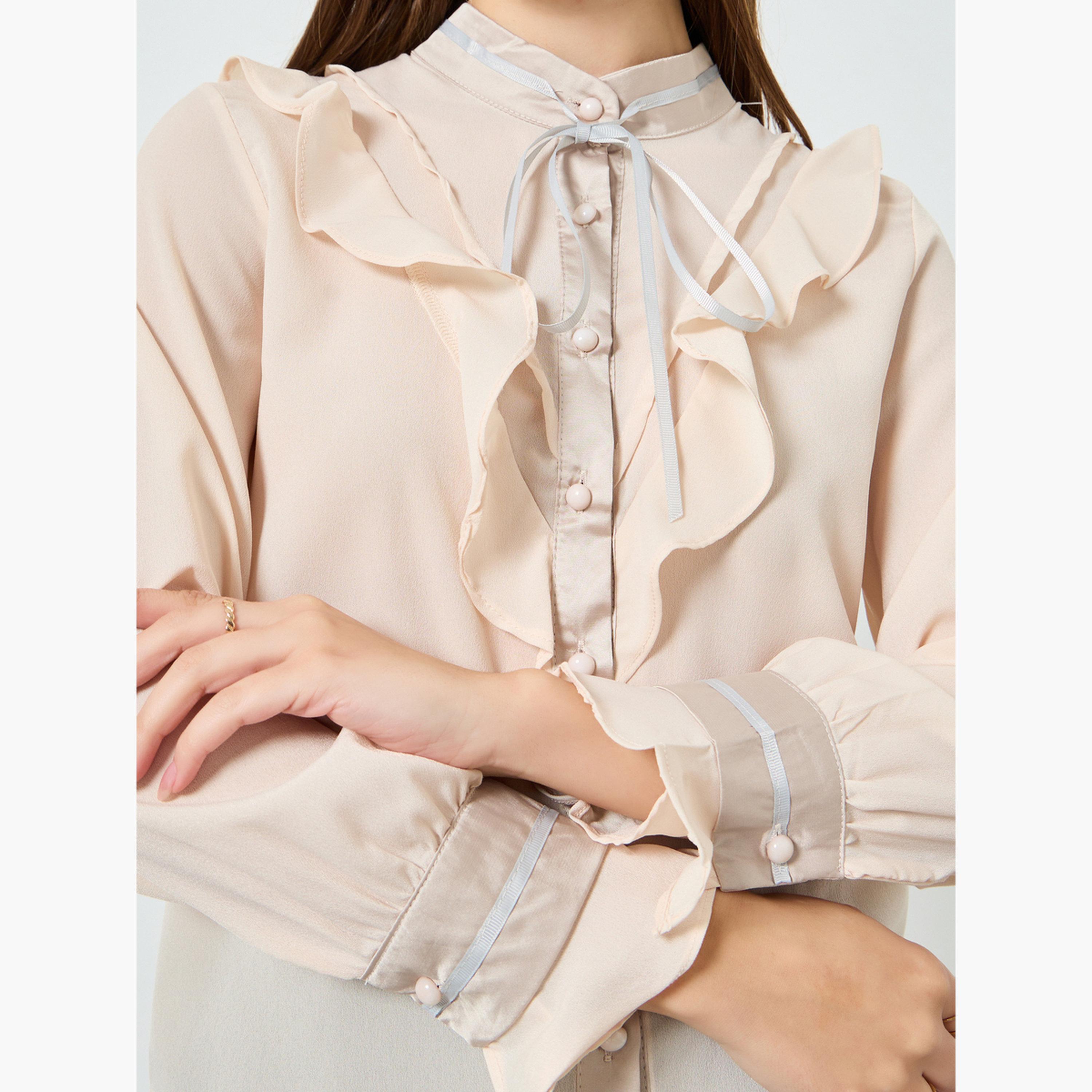 قميص بيج واسع بتفاصيل كشكشة-women-clothing-shirtsandblouses-blouses-image-4