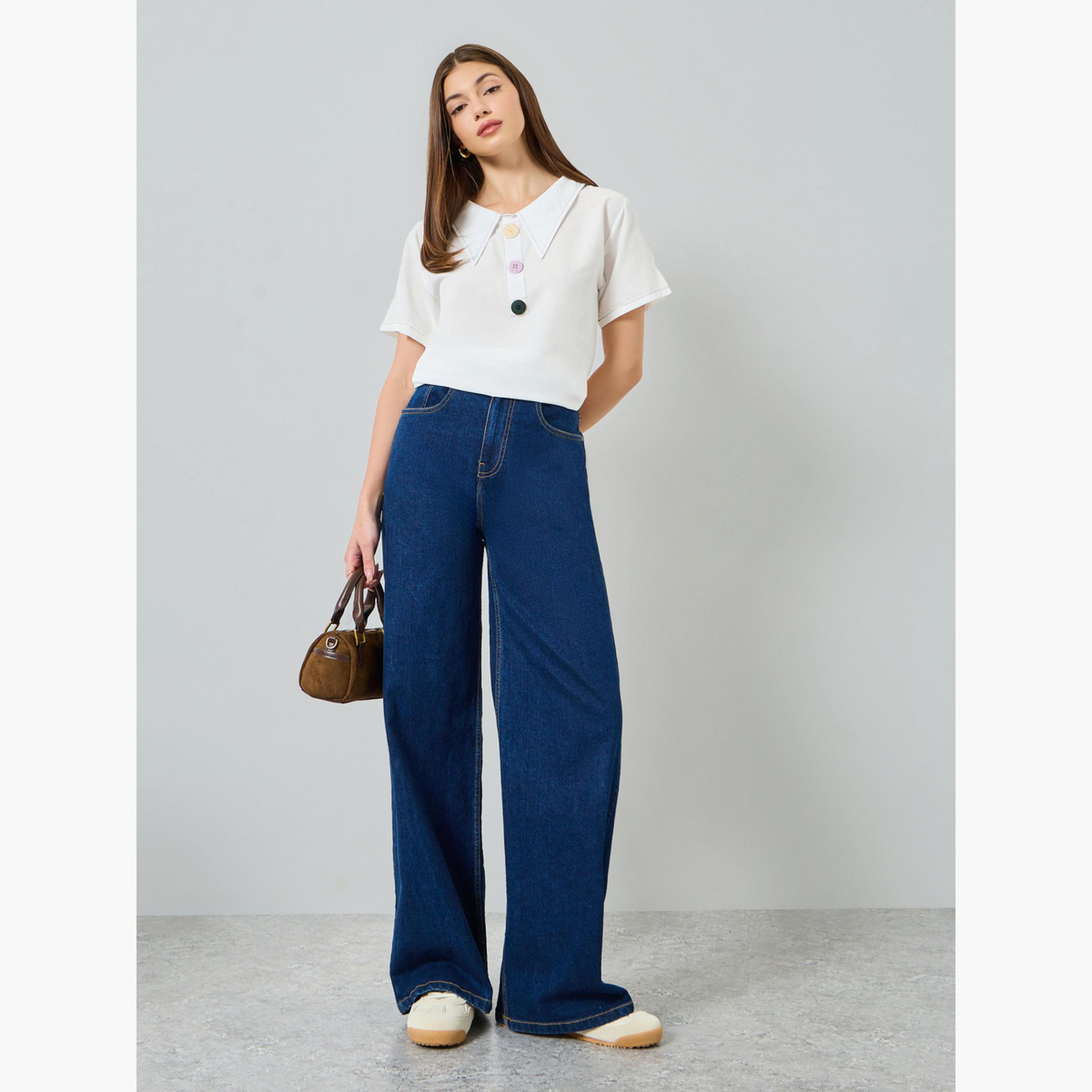 Styli White Short Sleeve Top with Button Detail-women-clothing-shirtsandblouses-blouses-image-2