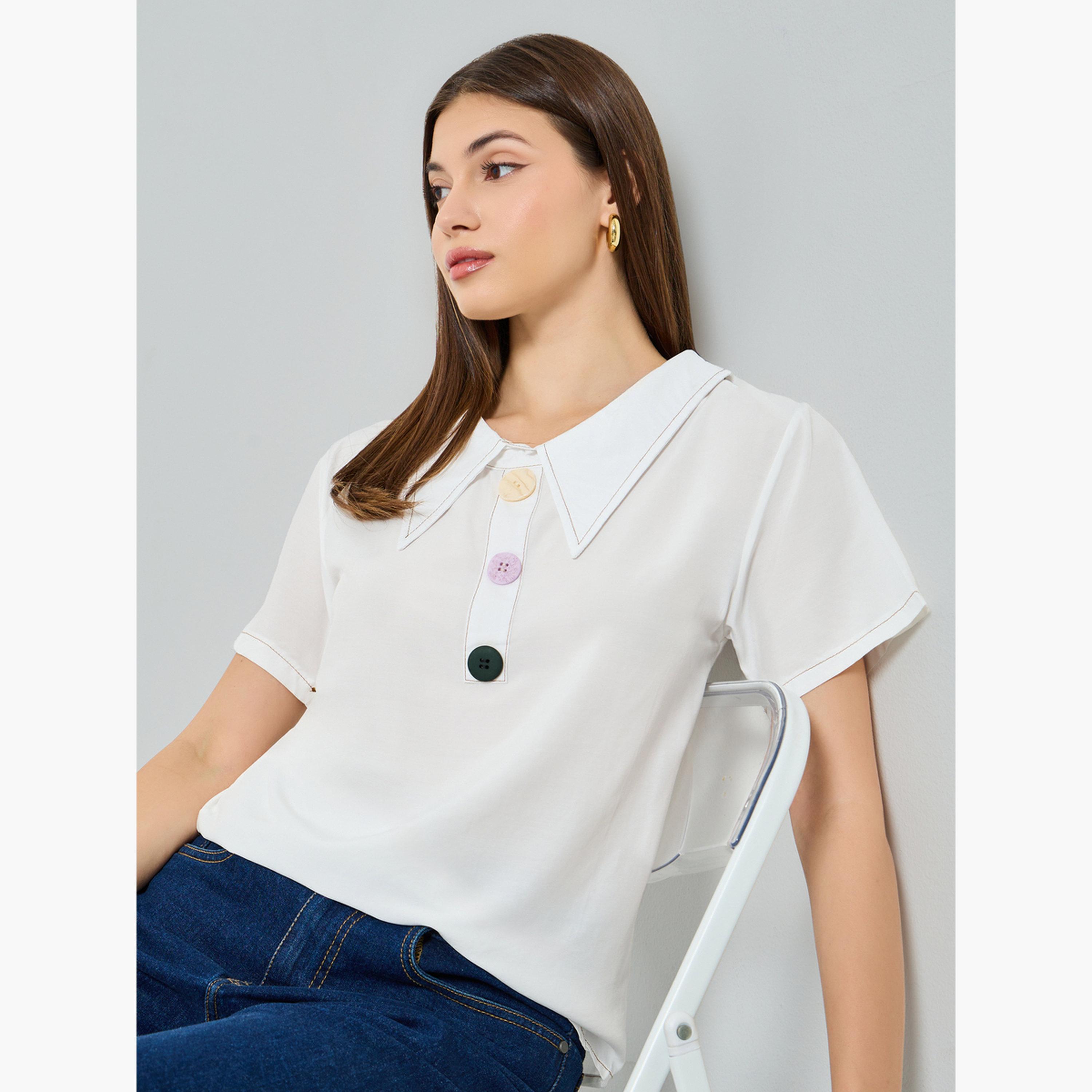 Styli White Short Sleeve Top with Button Detail-women-clothing-shirtsandblouses-blouses-image-3