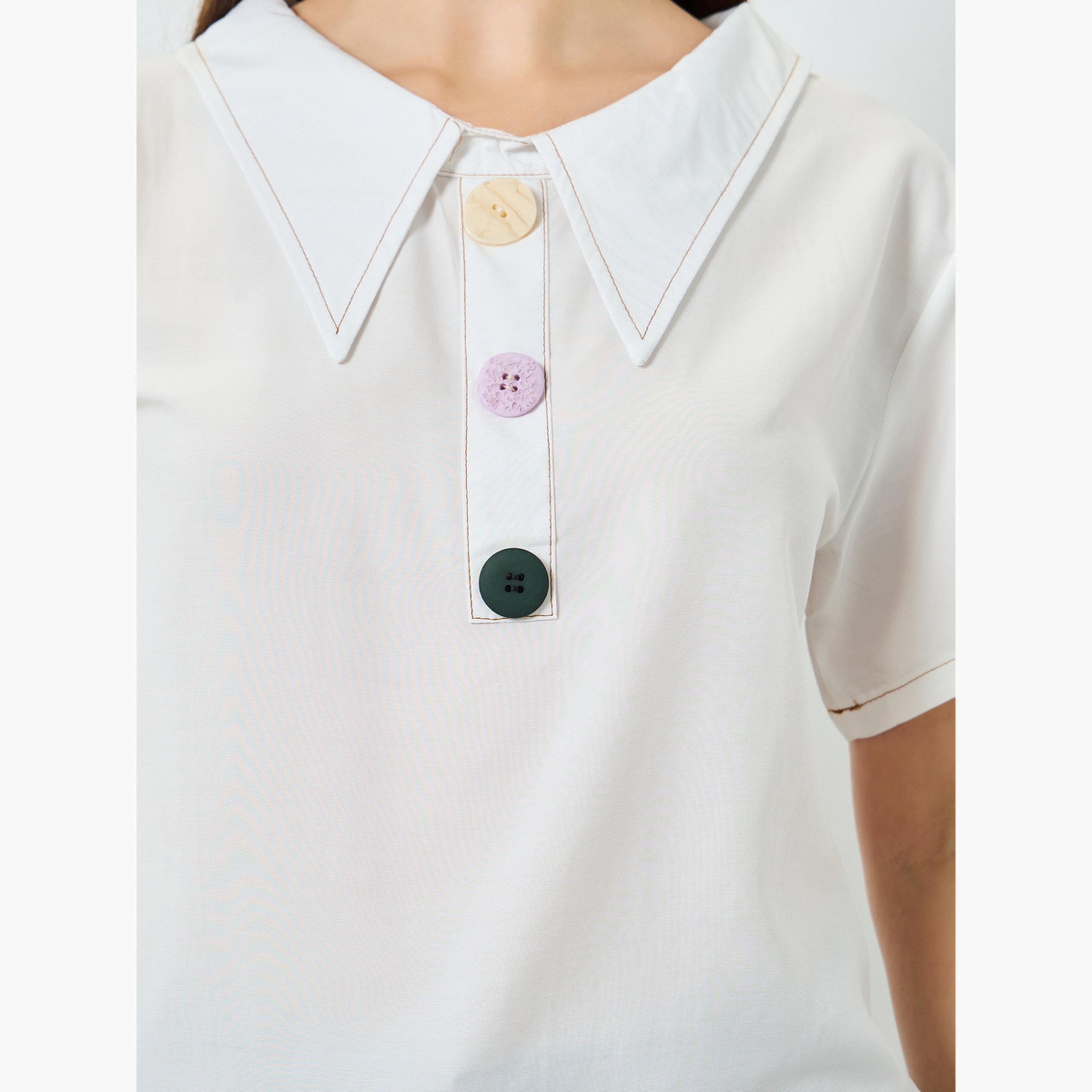 Styli White Short Sleeve Top with Button Detail-women-clothing-shirtsandblouses-blouses-image-4